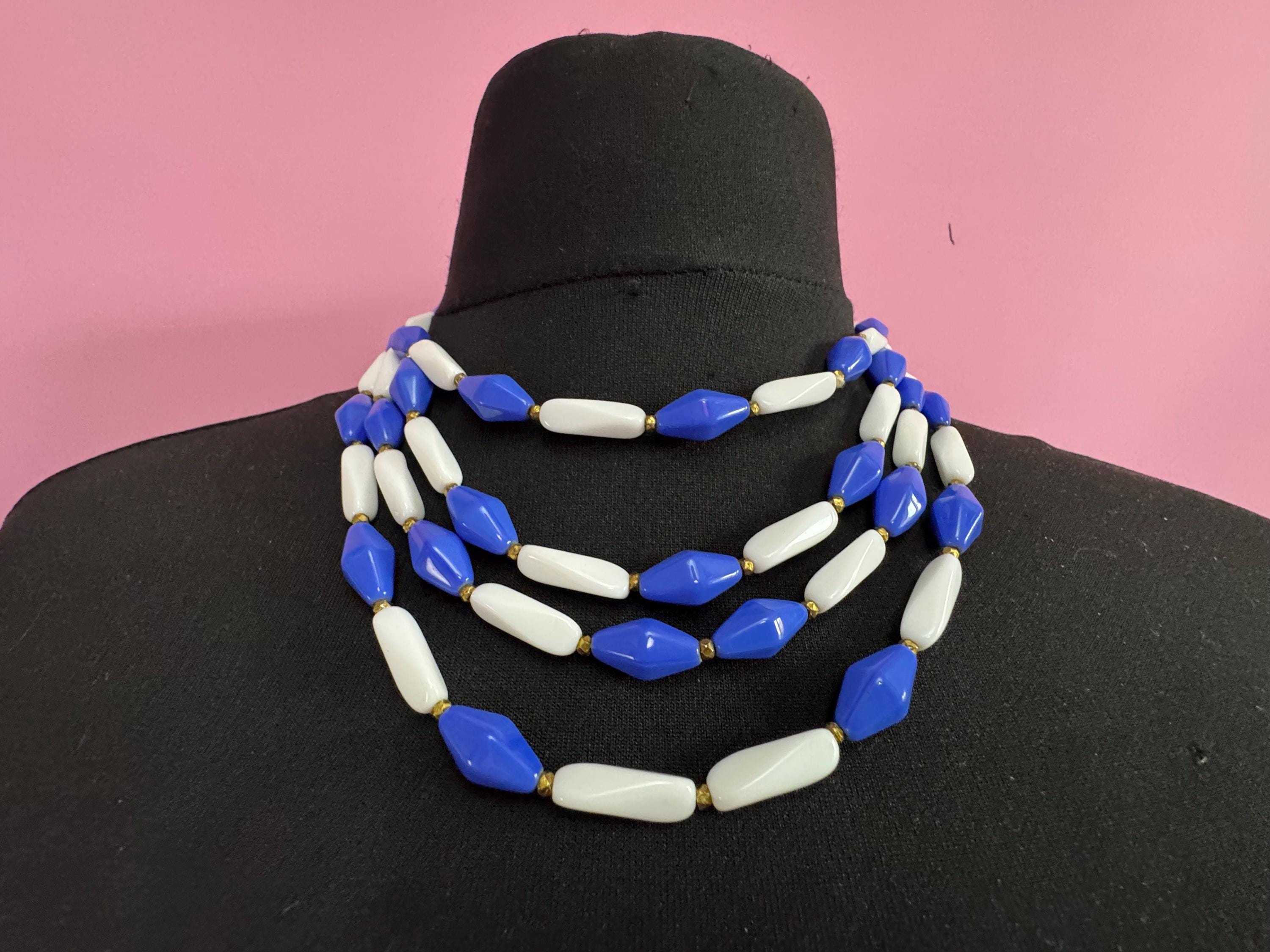 vintage blue and white glass triple strand 3 row beaded necklace