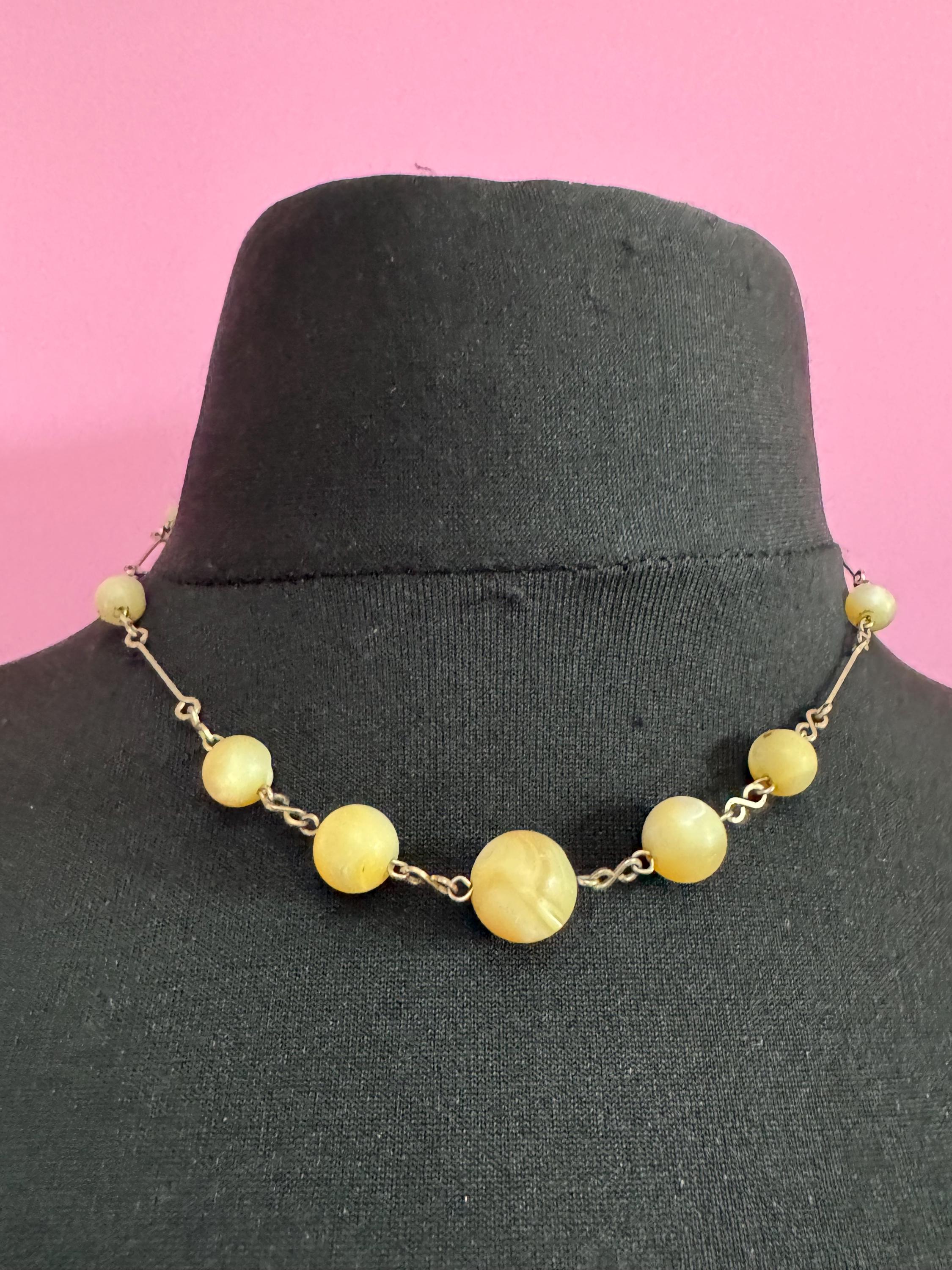 Antique rolled gold natural pearl beaded necklace 43cm