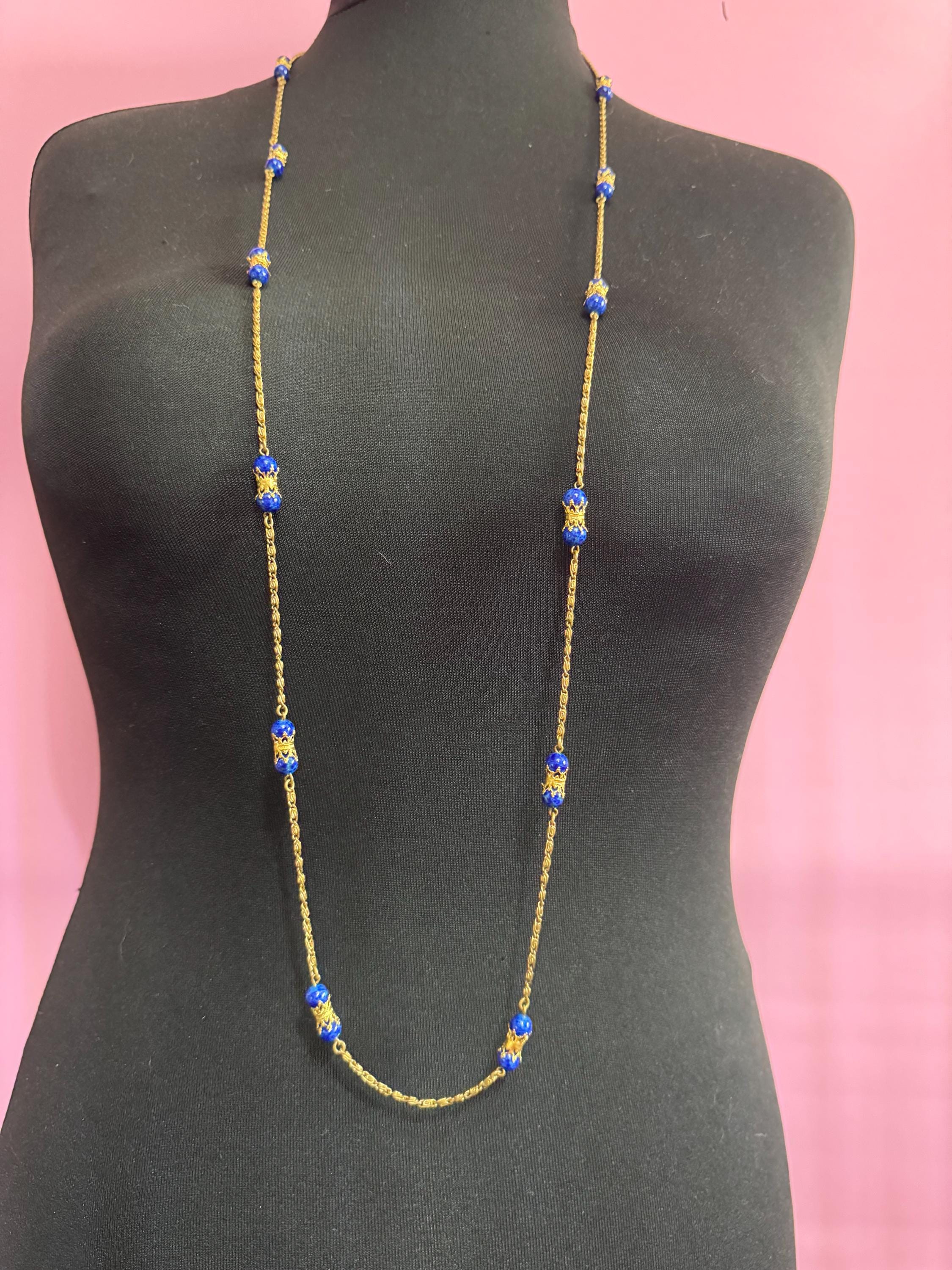 Vintage lapis lazuli blue gemstone beaded necklace, czech filigree 120cm