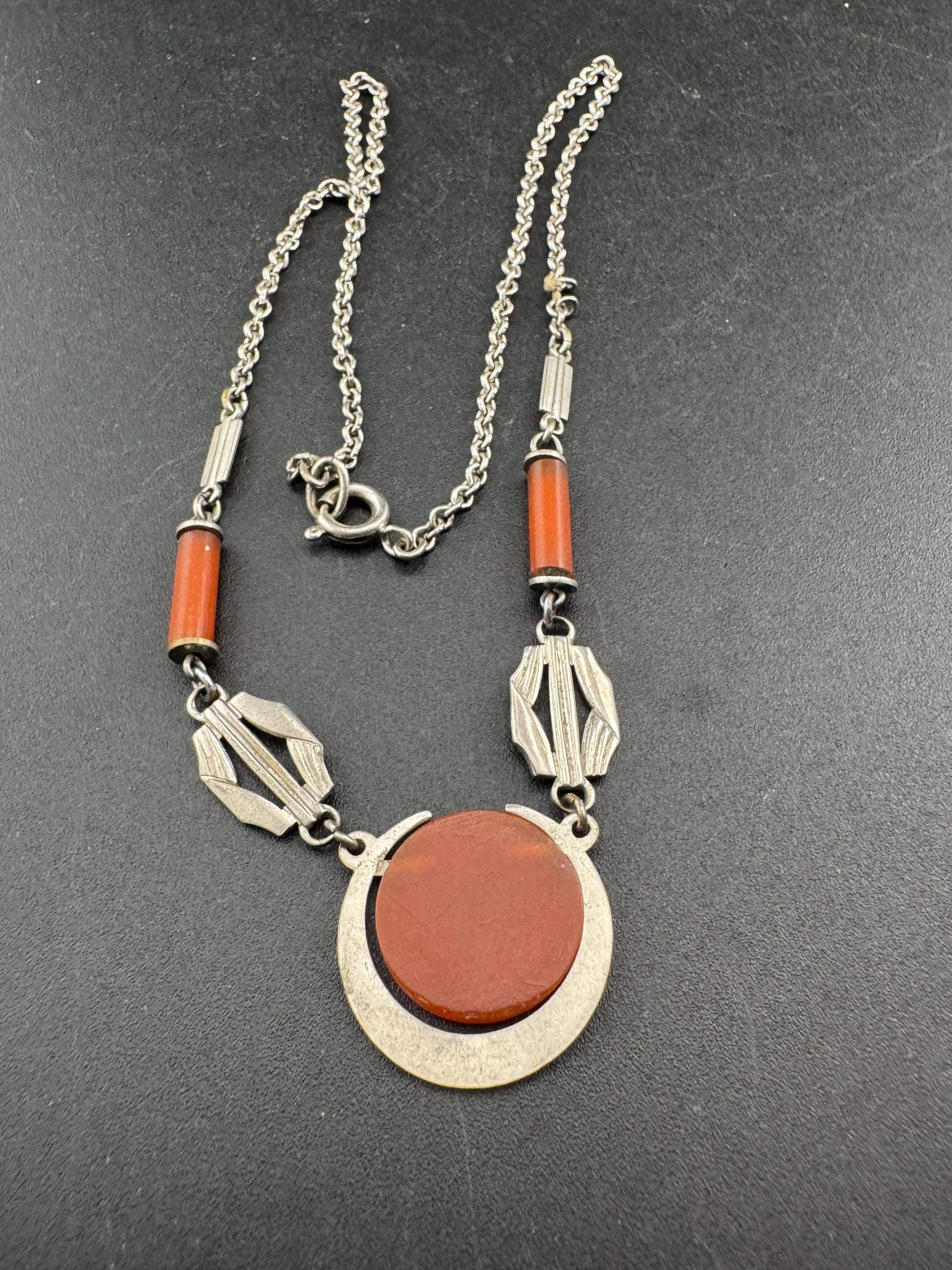 Art Deco silver chrome and galalith orange necklace, Jakob Bengal style 1920s 1930s