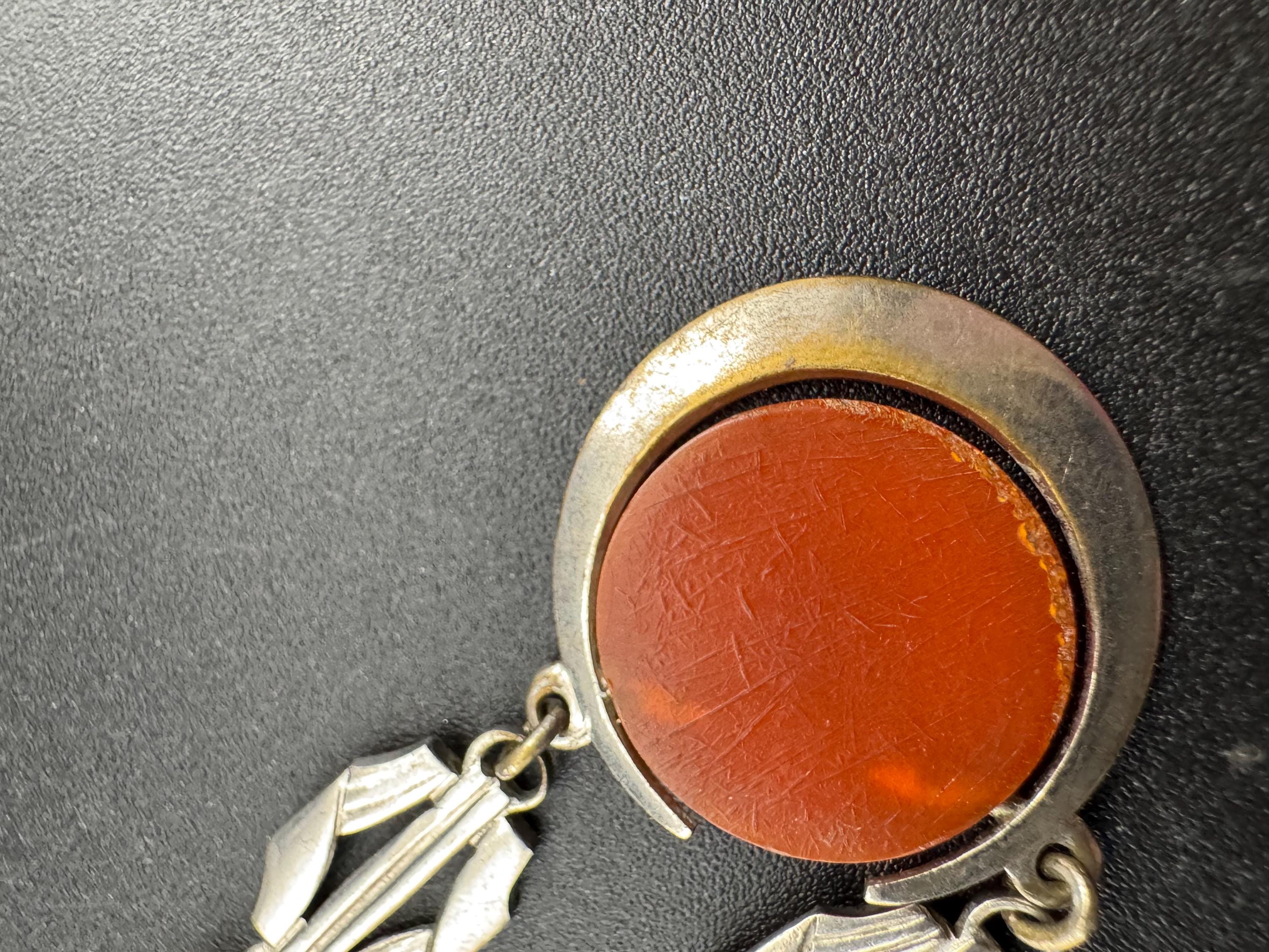 Art Deco silver chrome and galalith orange necklace, Jakob Bengal style 1920s 1930s