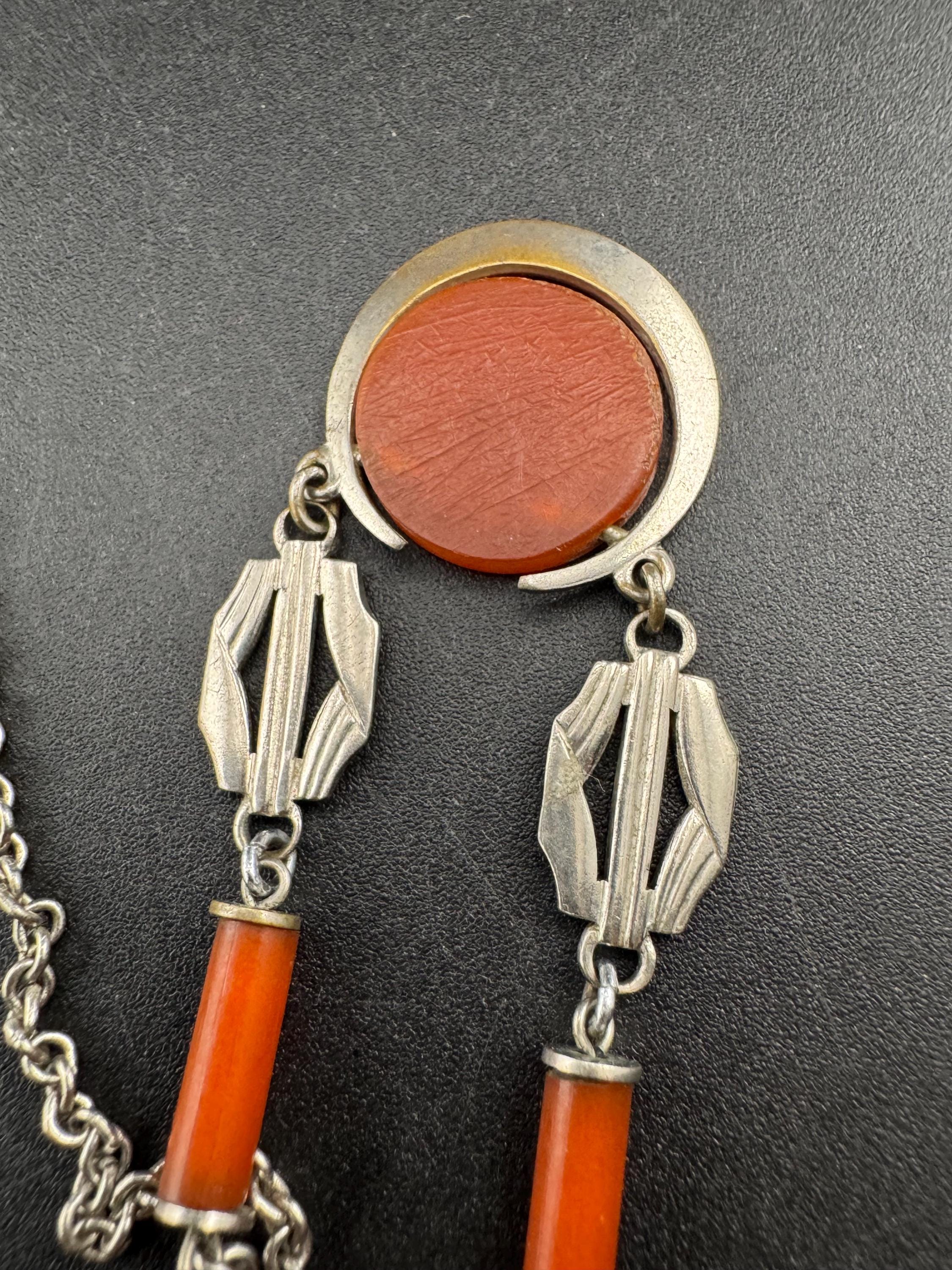 Art Deco silver chrome and galalith orange necklace, Jakob Bengal style 1920s 1930s