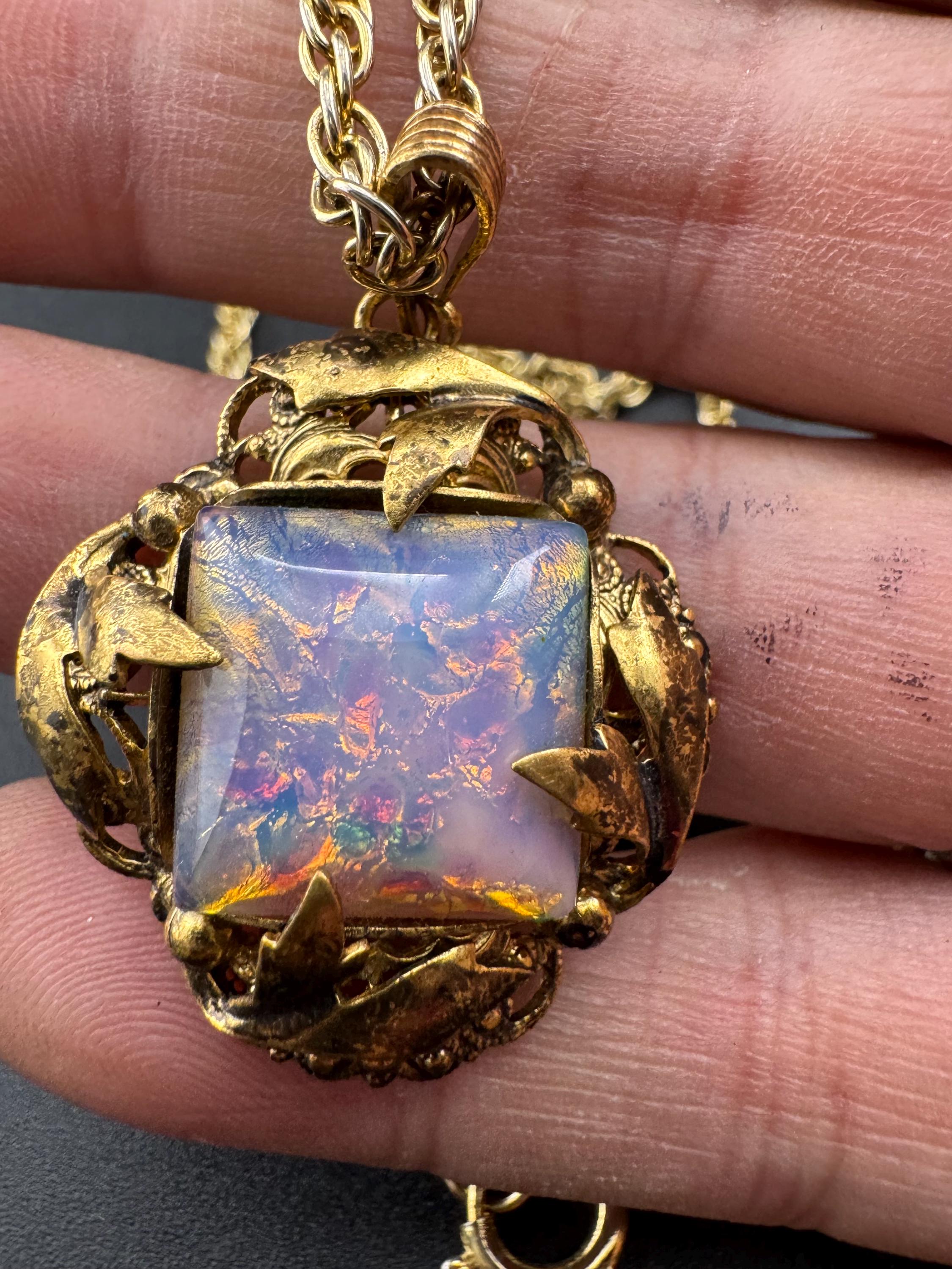 Vintage pink opaline cabochon Pendant Necklace, Czech filigree on later rope chain