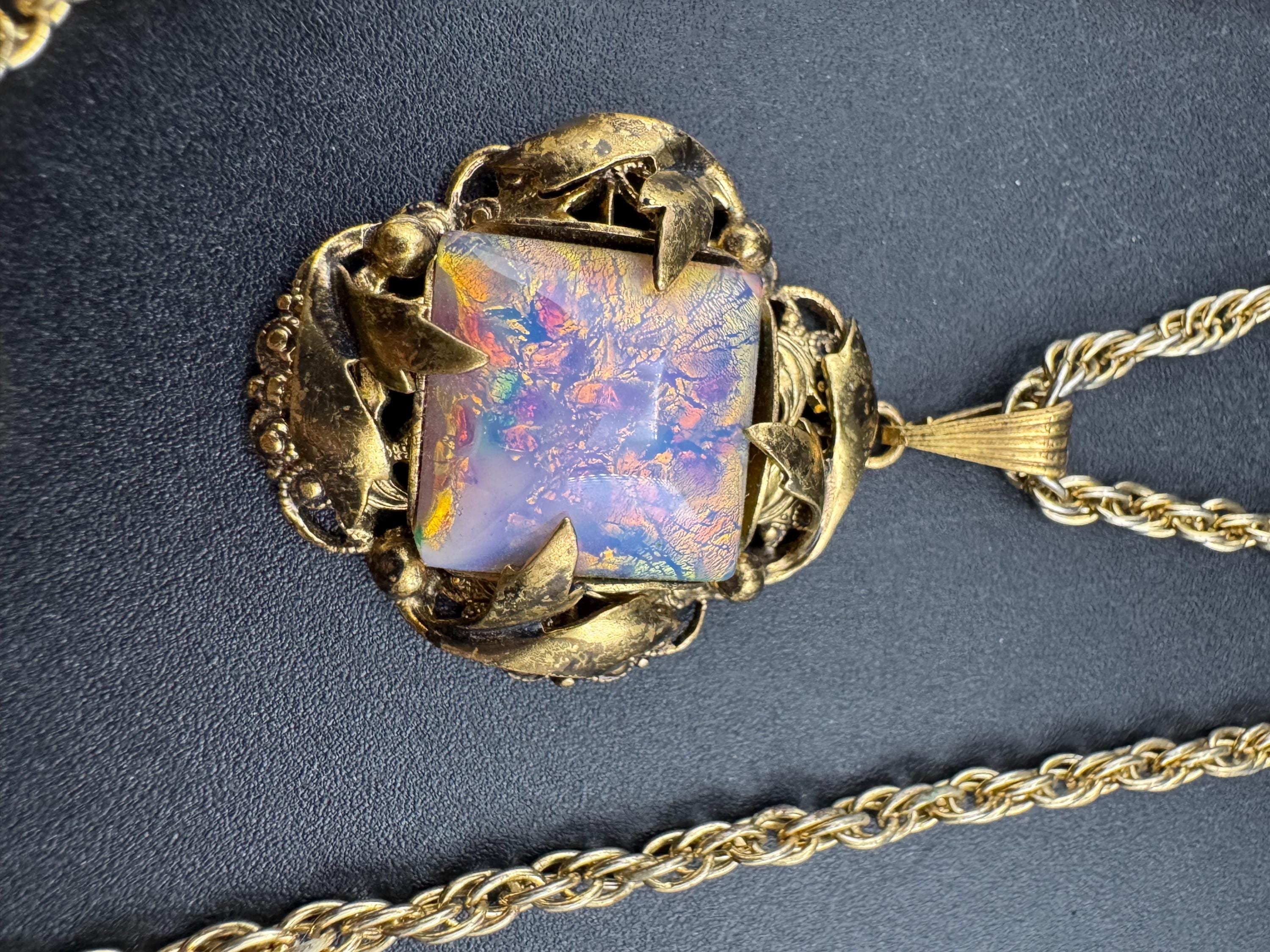Vintage pink opaline cabochon Pendant Necklace, Czech filigree on later rope chain