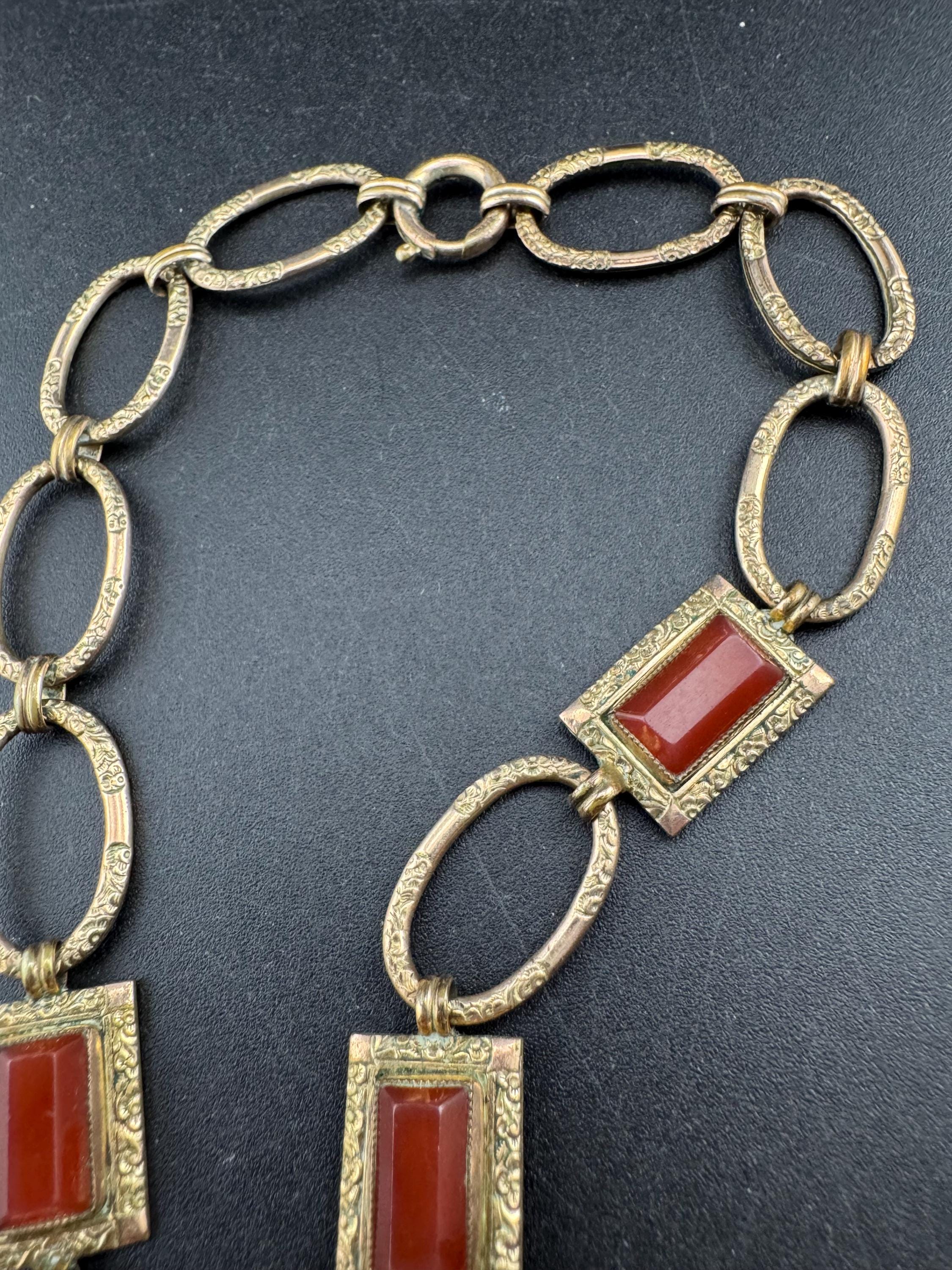 Antique Edwardian carnelian gilt metal choker necklace, petite 38cm gemstone