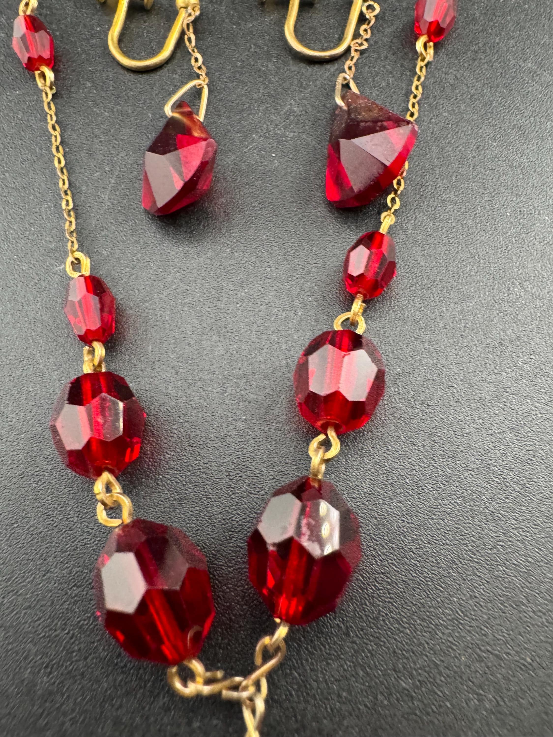 Vintage Art Deco Ruby Red Czech Crystal Jewelry Set