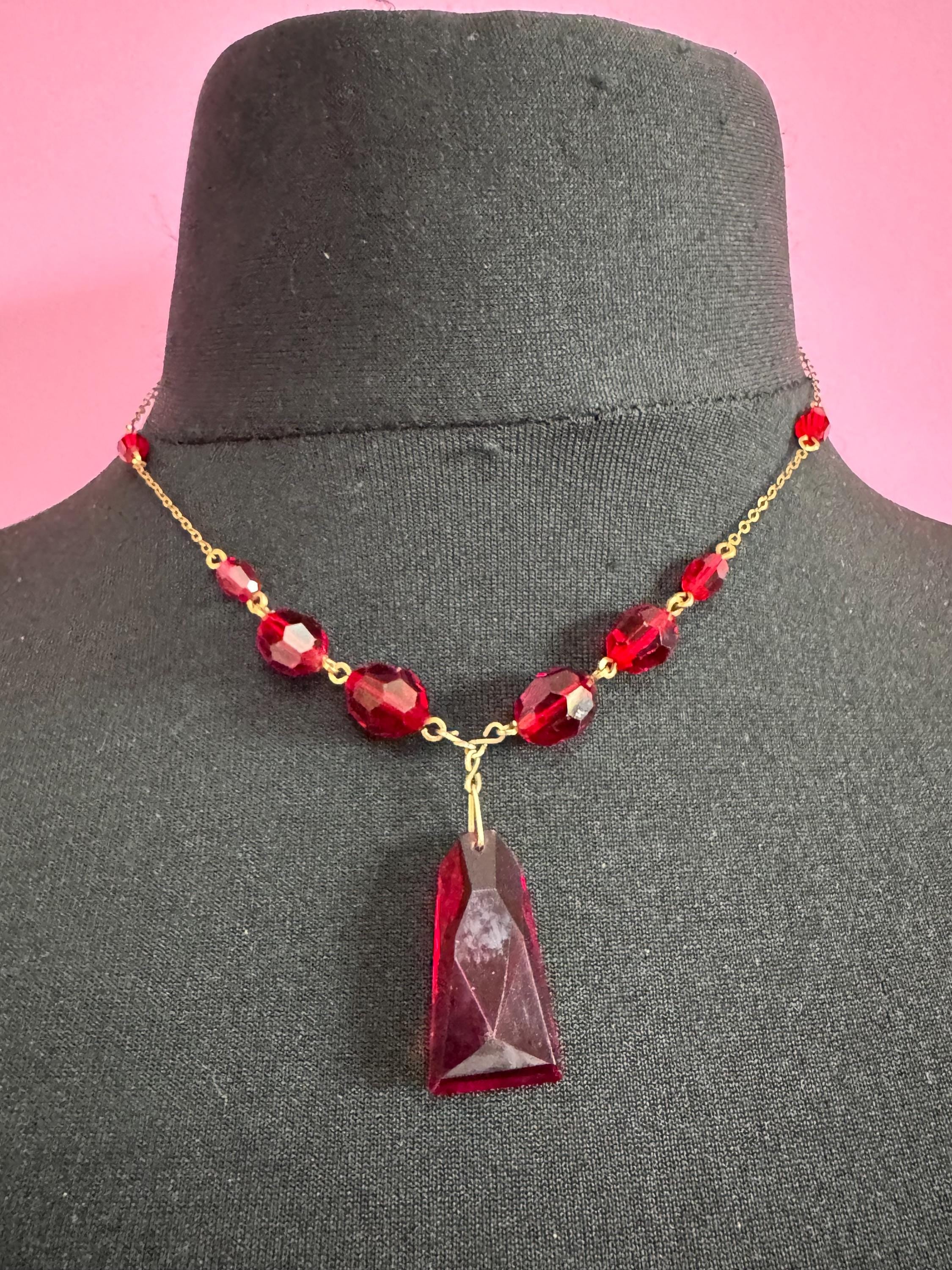 Vintage Art Deco Ruby Red Czech Crystal Jewelry Set