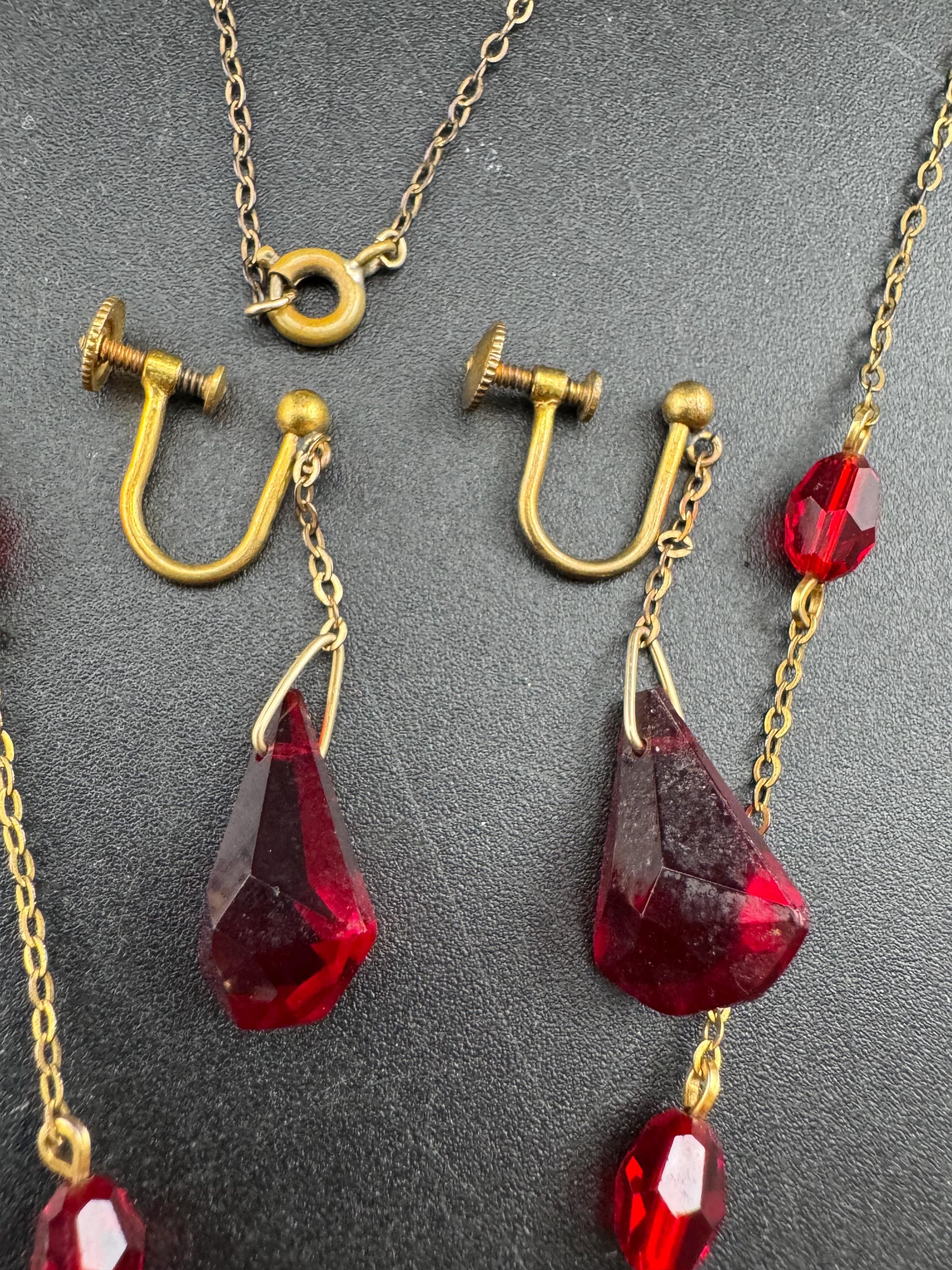 Vintage Art Deco Ruby Red Czech Crystal Jewelry Set