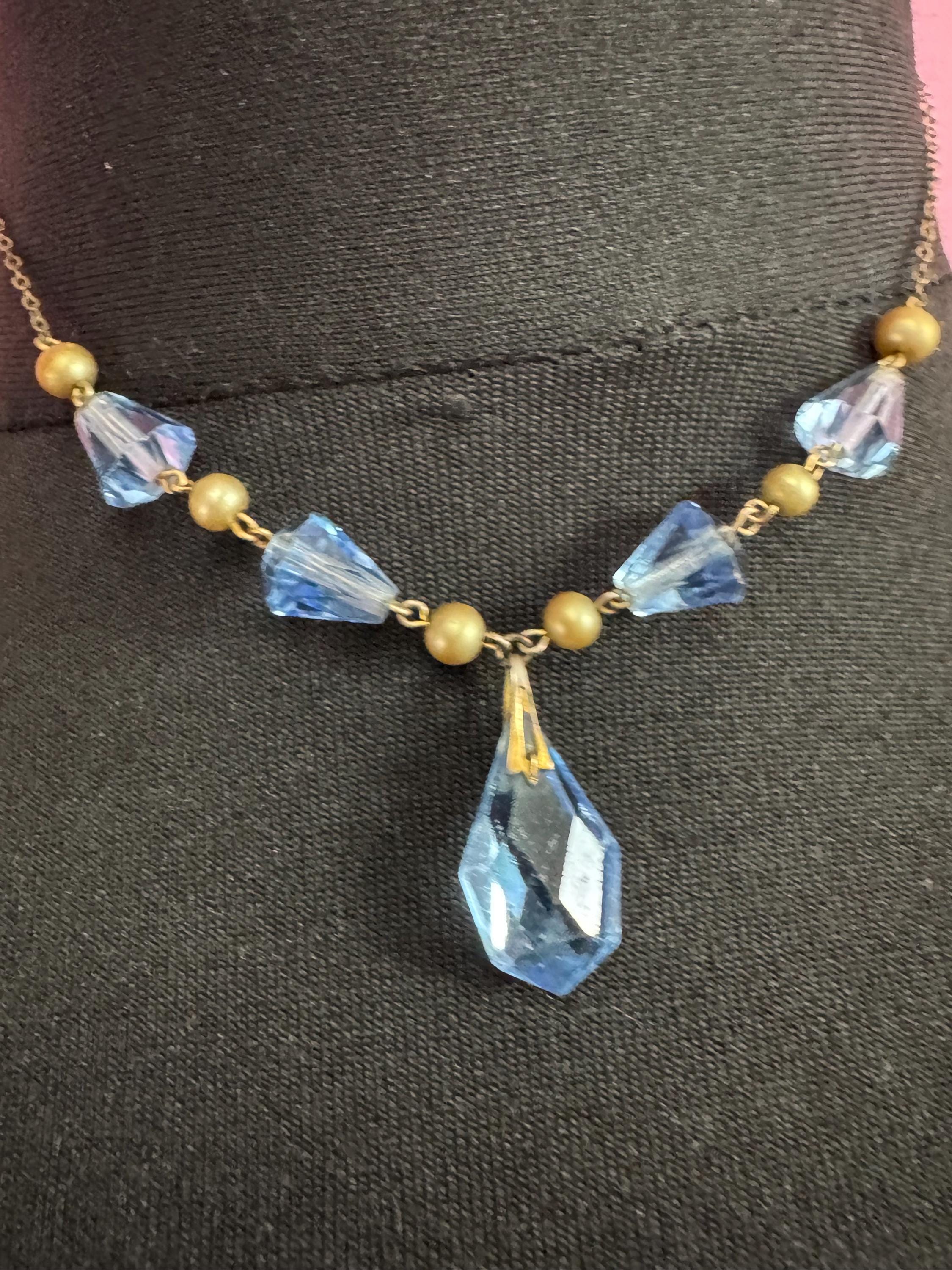 Art Deco Czech Blue Crystal Necklace with Faux Pearls