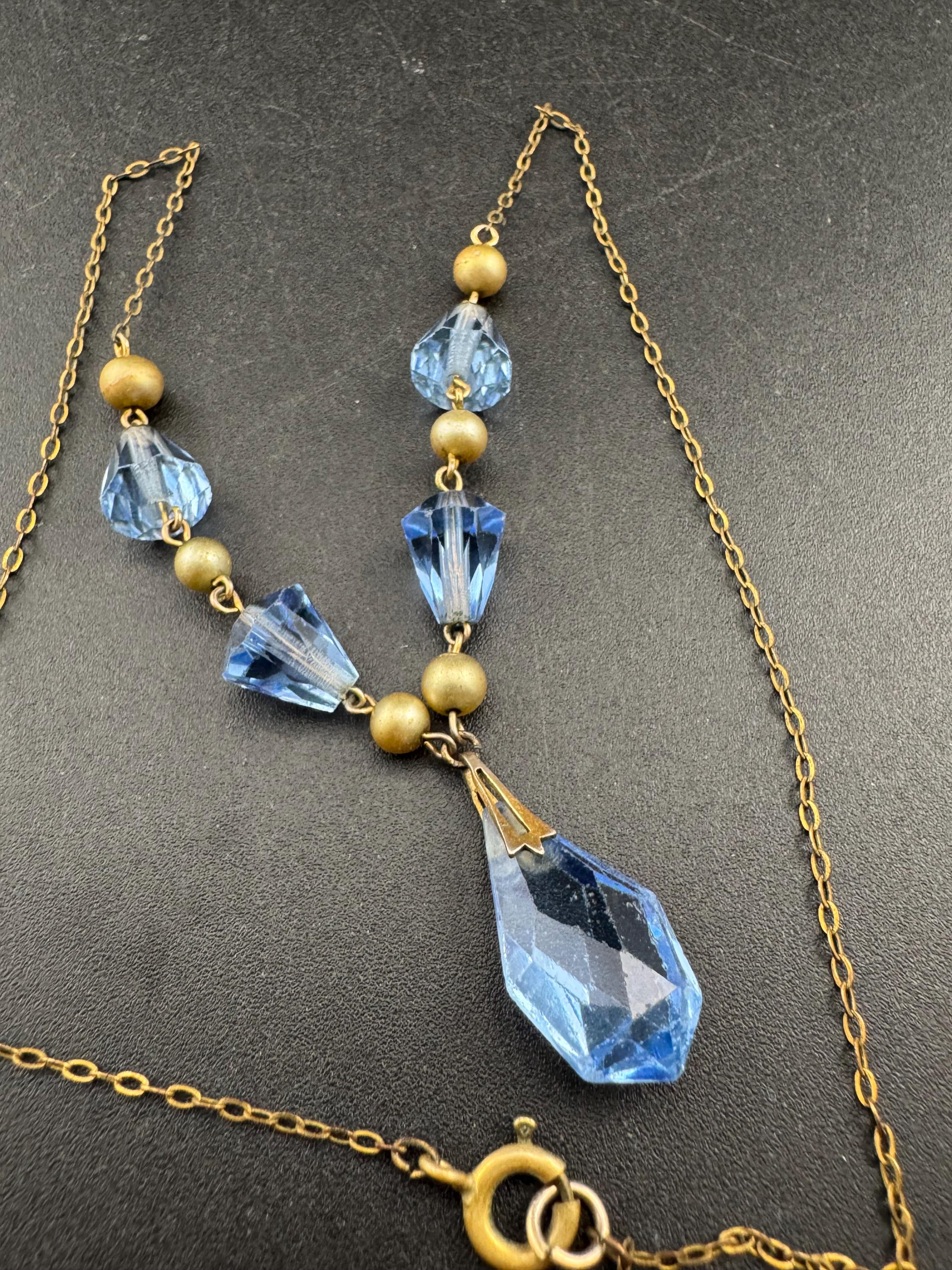 Art Deco Czech Blue Crystal Necklace with Faux Pearls