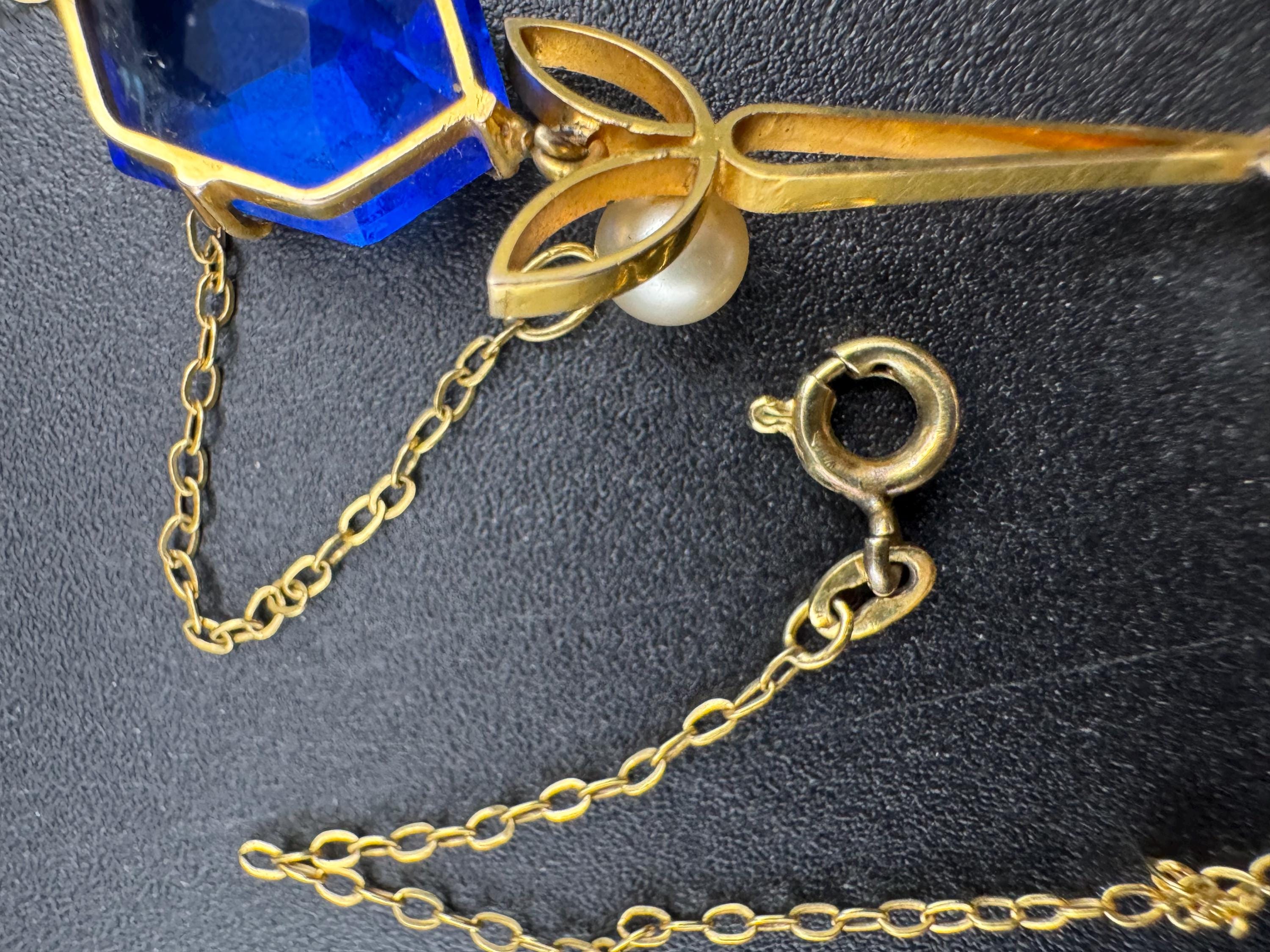 Art Deco Czech Crystal Necklace: Blue Dropper, Faux Pearls, Gilt Metal