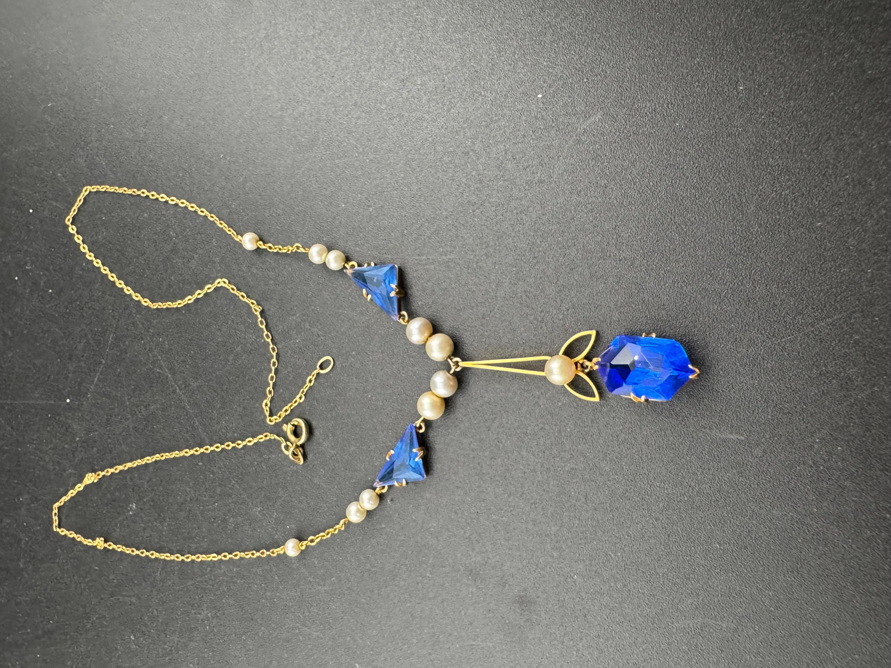 Art Deco Czech Crystal Necklace: Blue Dropper, Faux Pearls, Gilt Metal