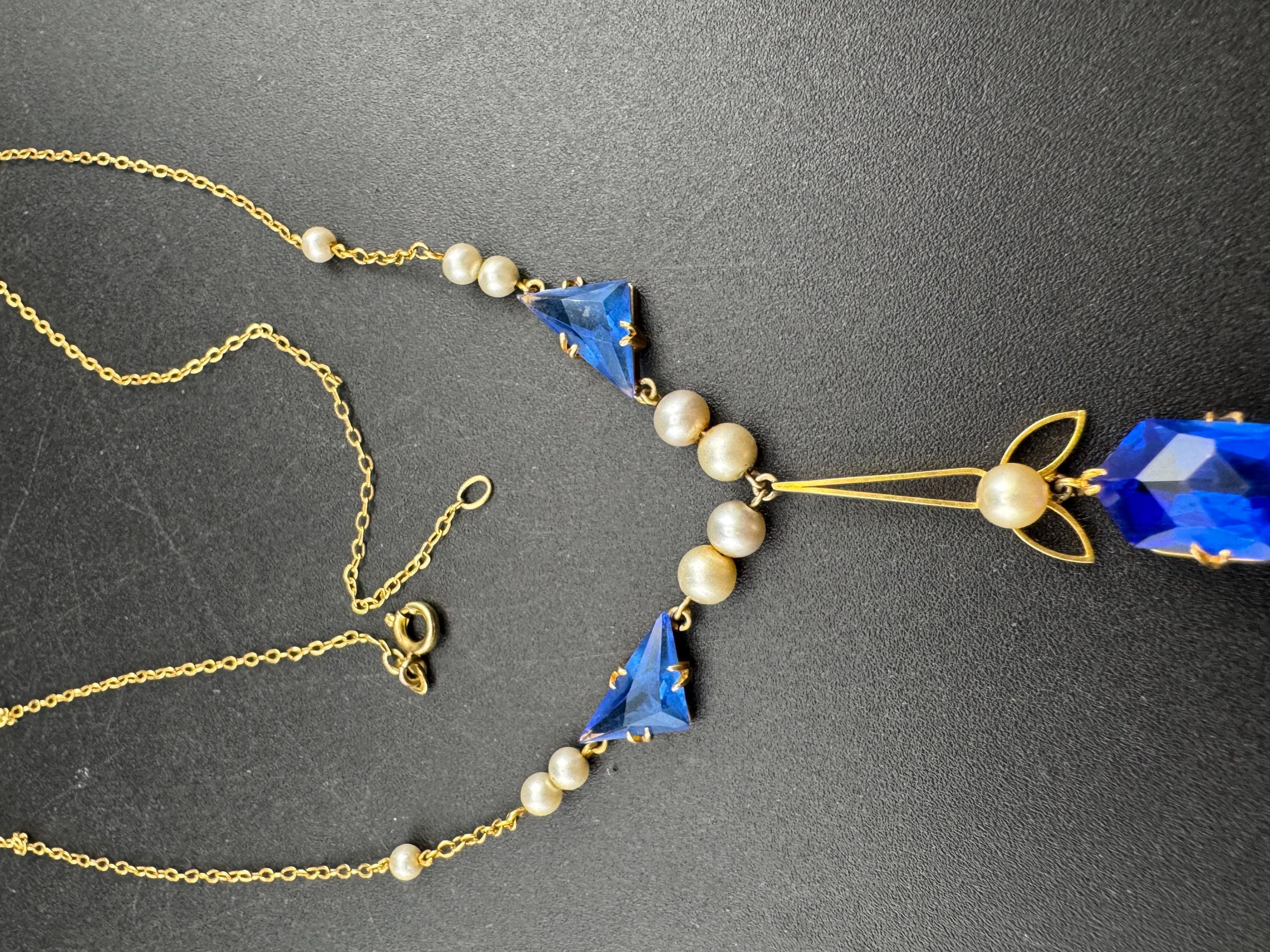 Art Deco Czech Crystal Necklace: Blue Dropper, Faux Pearls, Gilt Metal