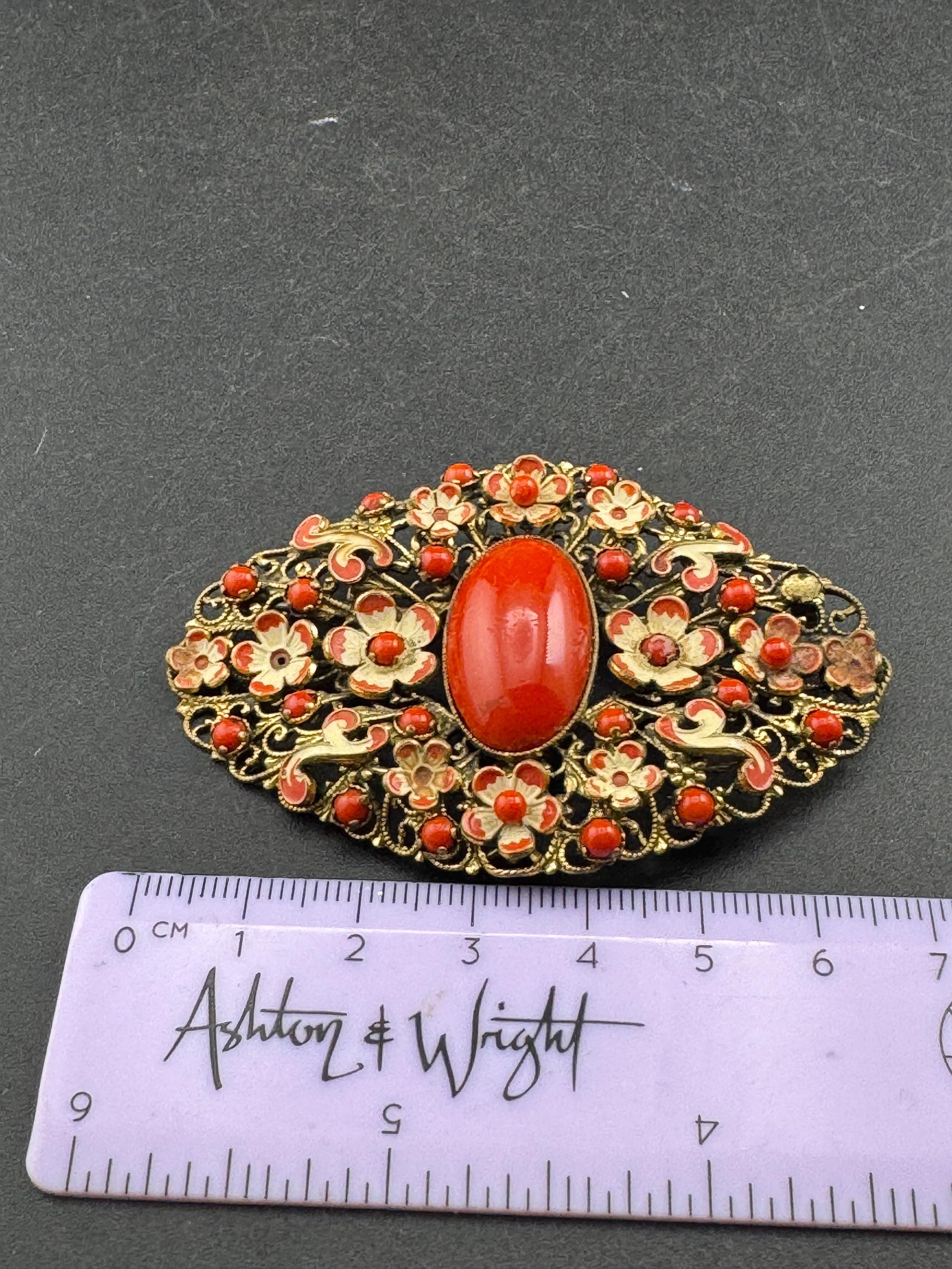 Art Deco large Czech Brooch: Brass Metal Leaf, cold painted Enamel, coral orange cabochon