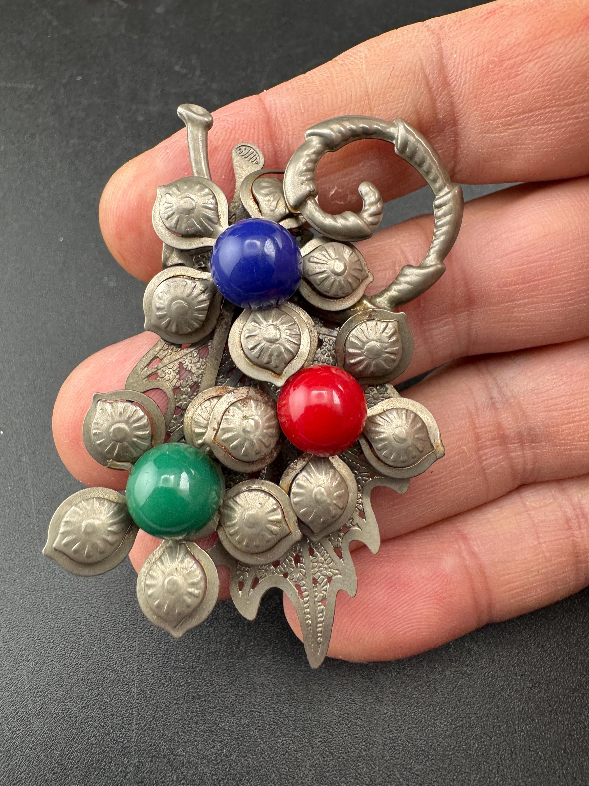 Czech Brooch with red blue green cabochons, silver pressed metal