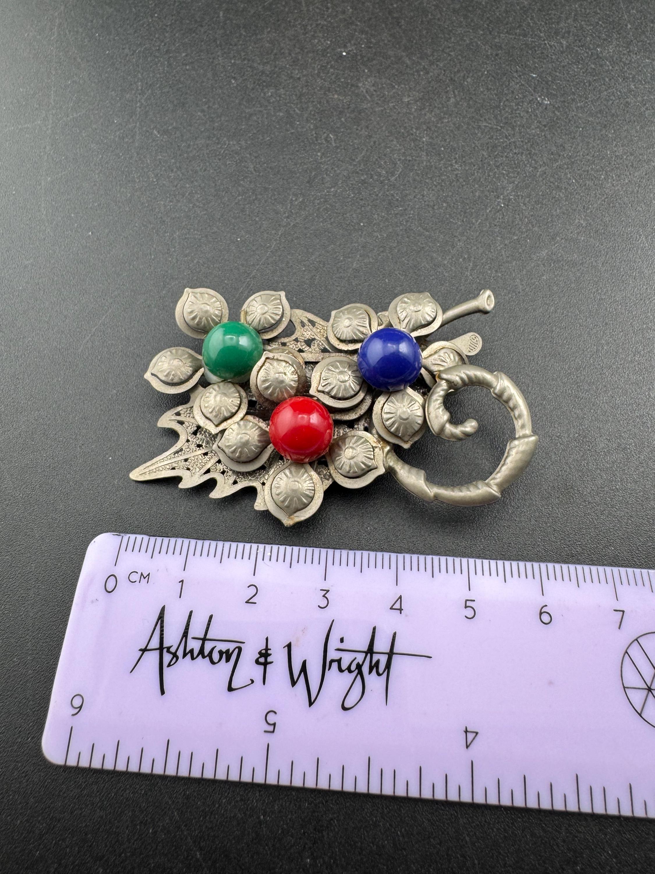 Czech Brooch with red blue green cabochons, silver pressed metal