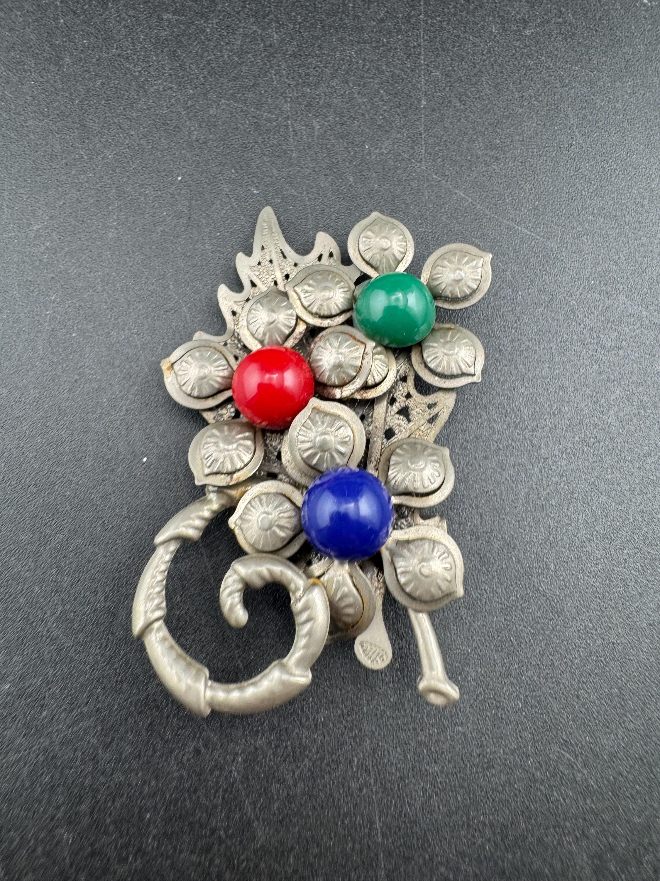 Czech Brooch with red blue green cabochons, silver pressed metal