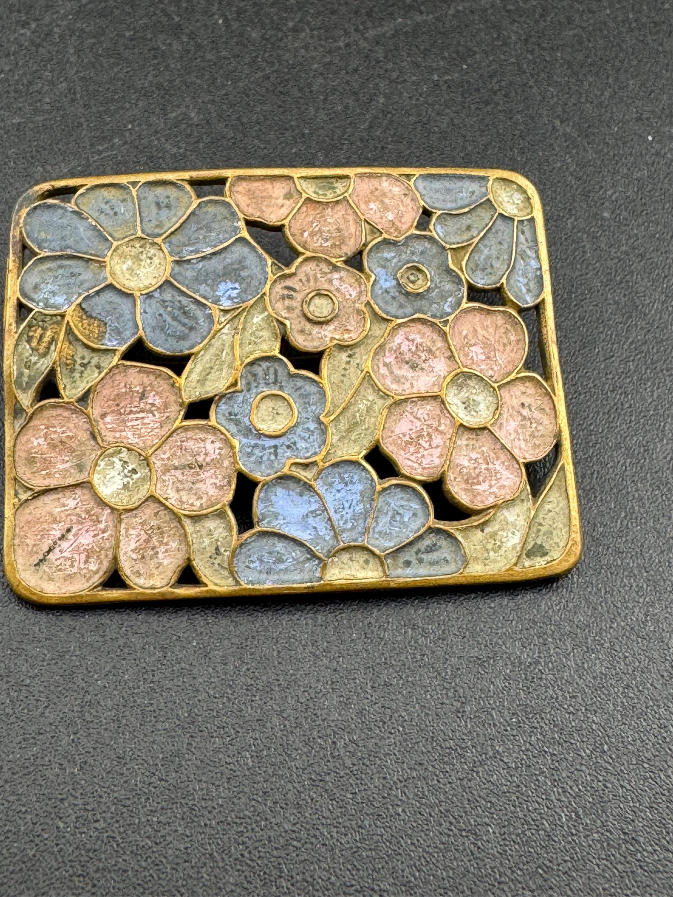 Art Deco Czech pastel Brooch: coloured Enamel Flowers blue and pink