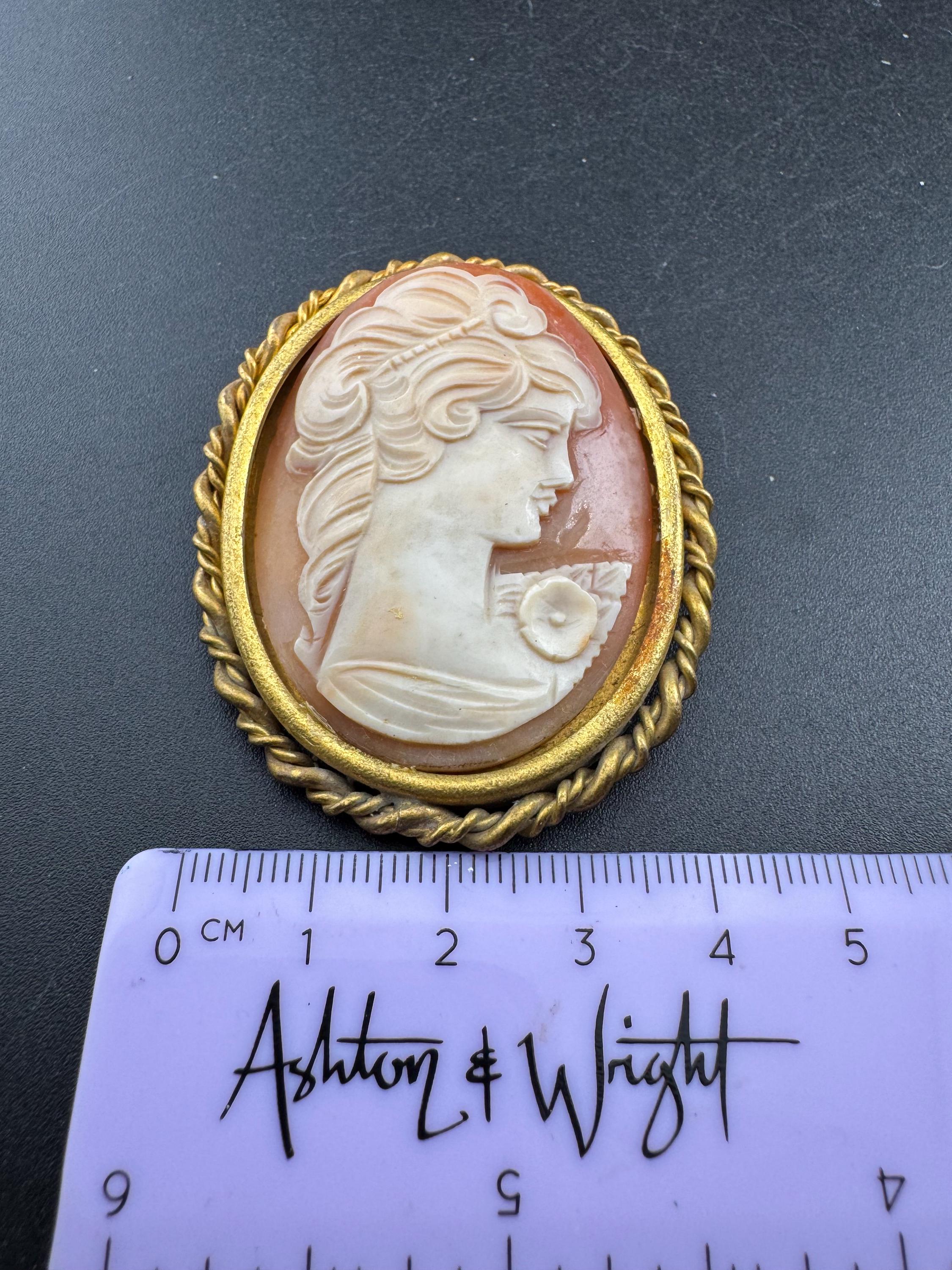 Vintage Large 5cm carved shell Cameo Brooch , French gold tone