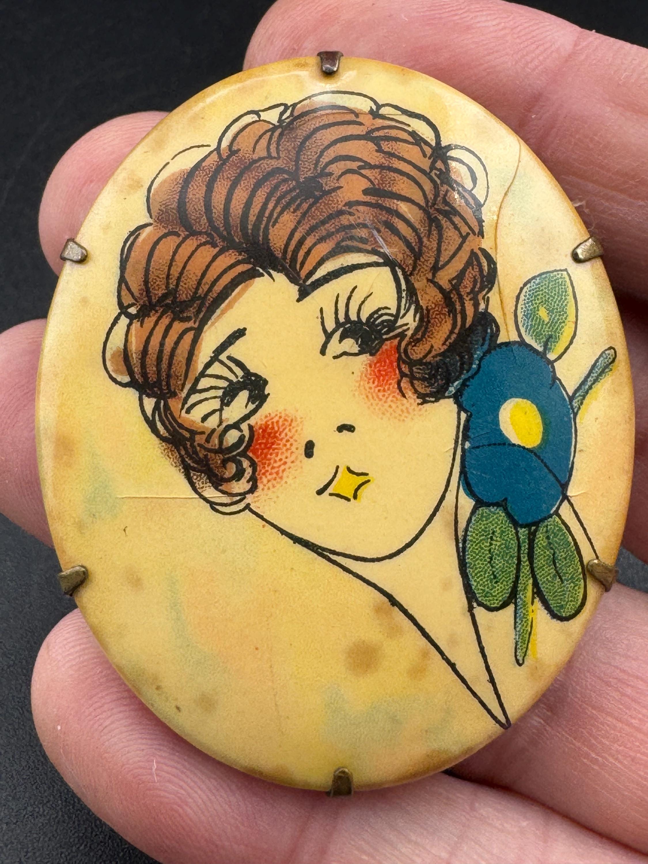 Vintage celluloid cream art deco lady Figural brooch, c clasp early plastic