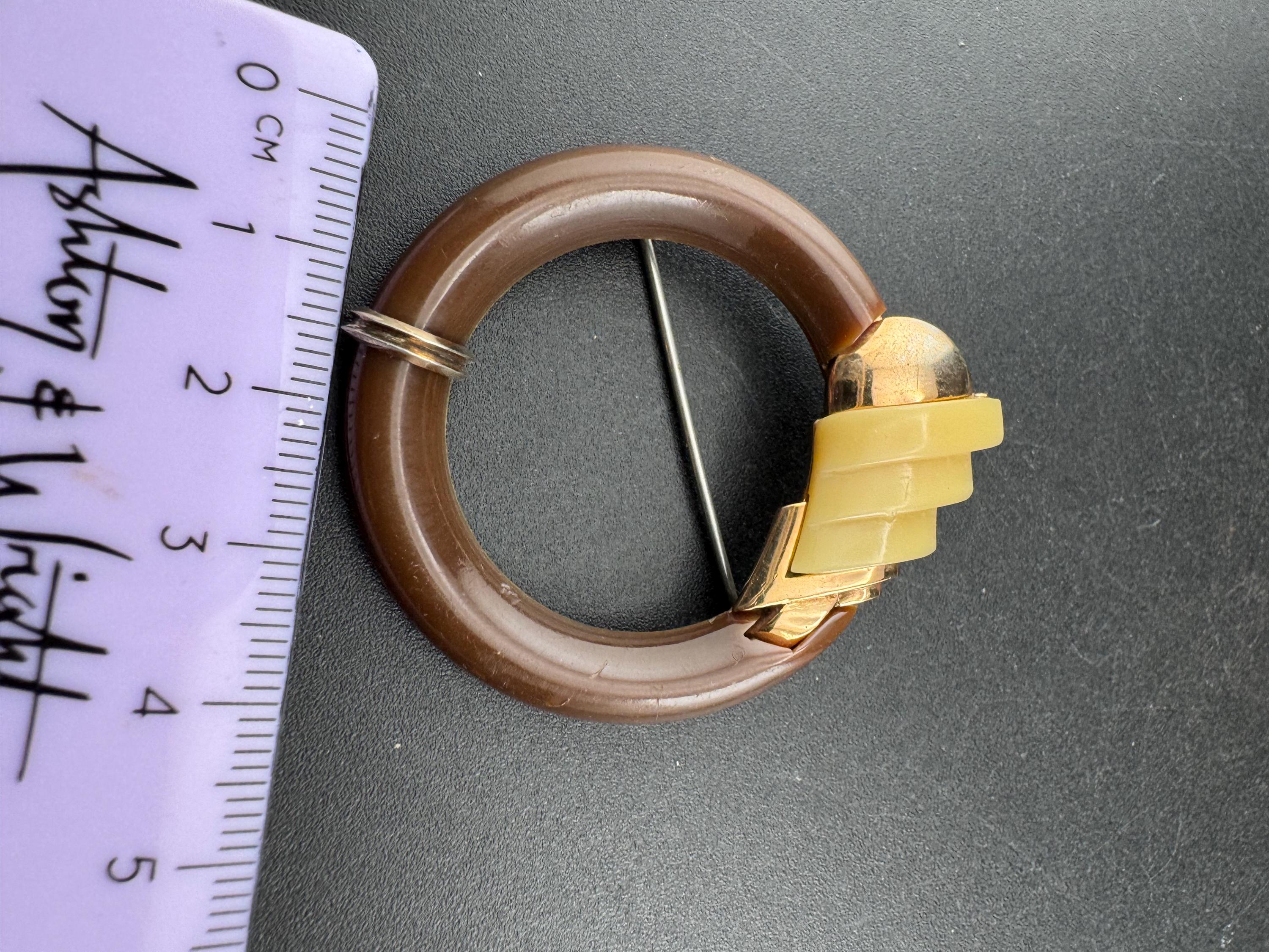 Vintage machine age brown enamel modernist brooch, galalith and chrome