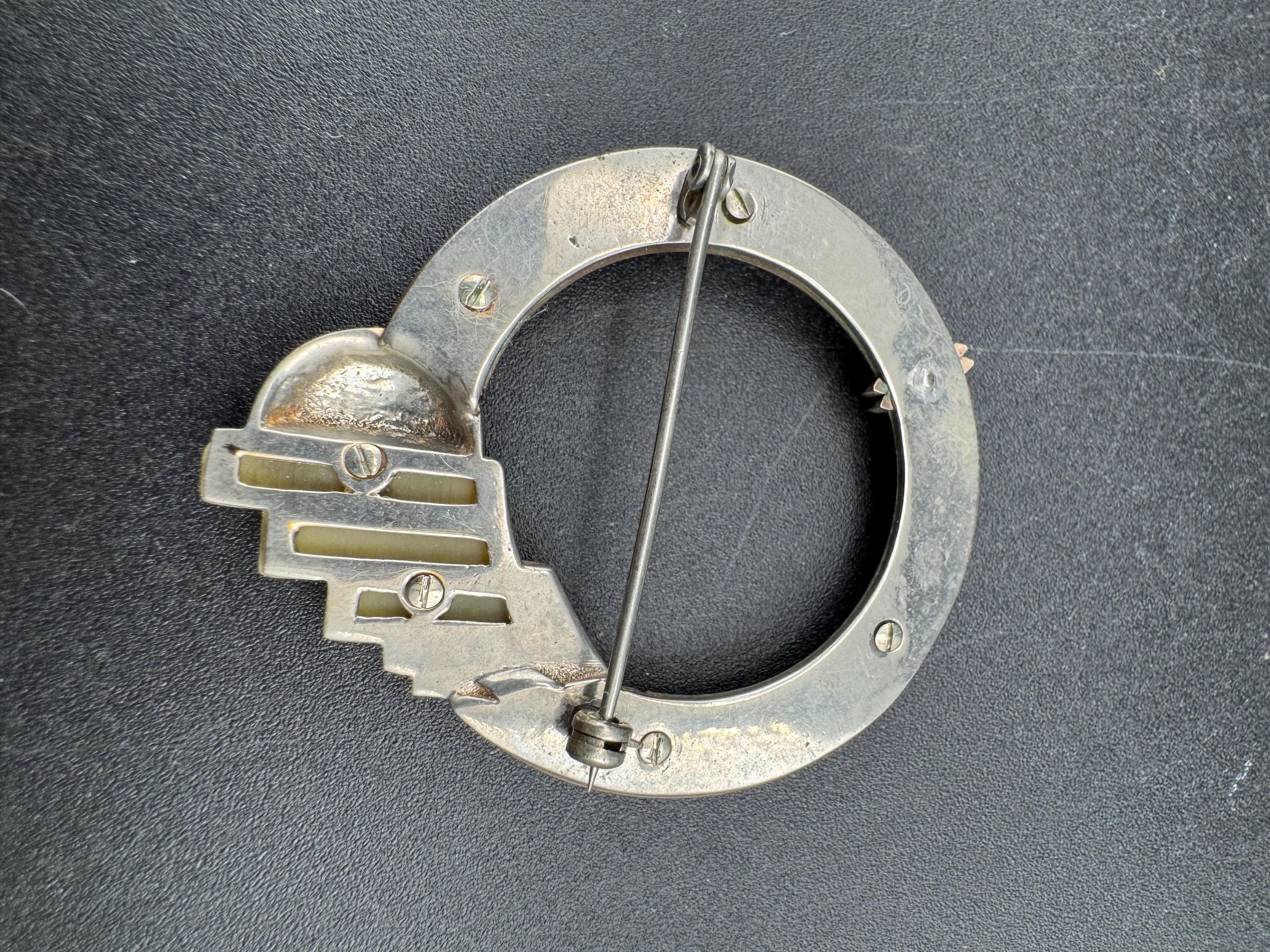 Vintage machine age brown enamel modernist brooch, galalith and chrome