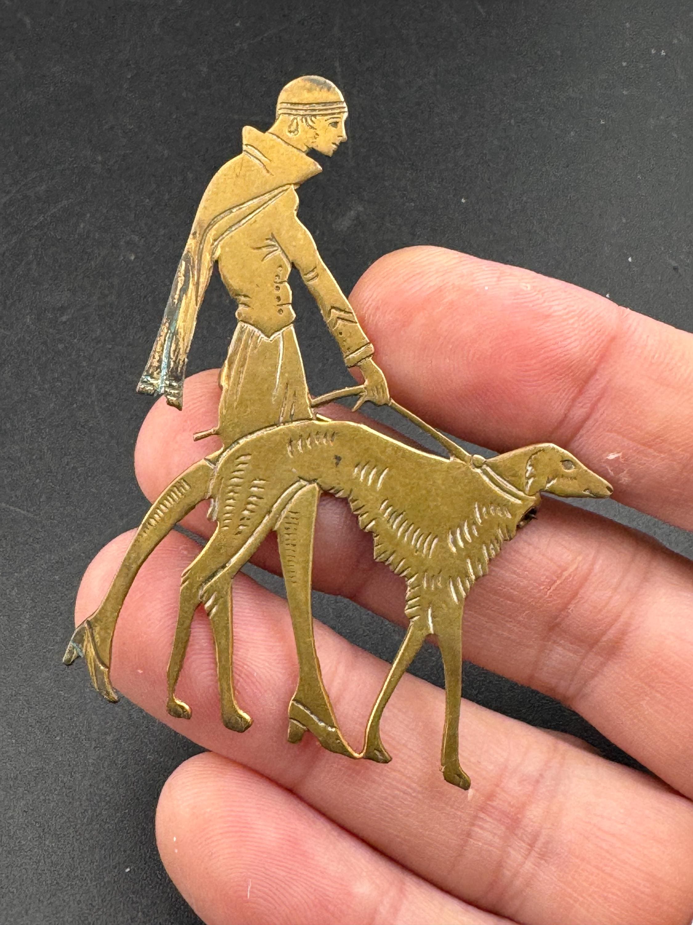 Vintage Vogue Art Deco 1920s Lady Walking borzoi Dog Brooch brass Pin