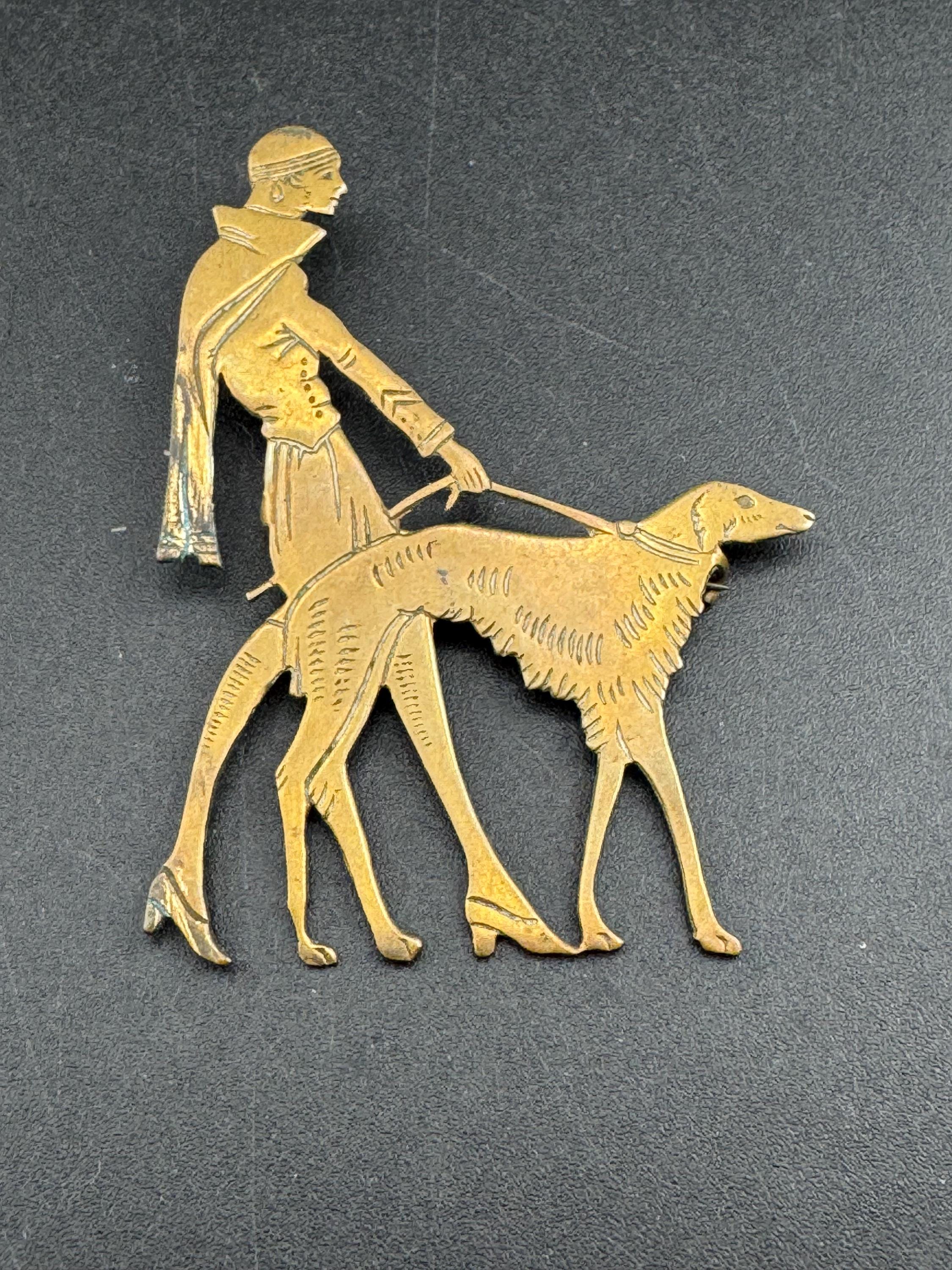 Vintage Vogue Art Deco 1920s Lady Walking borzoi Dog Brooch brass Pin