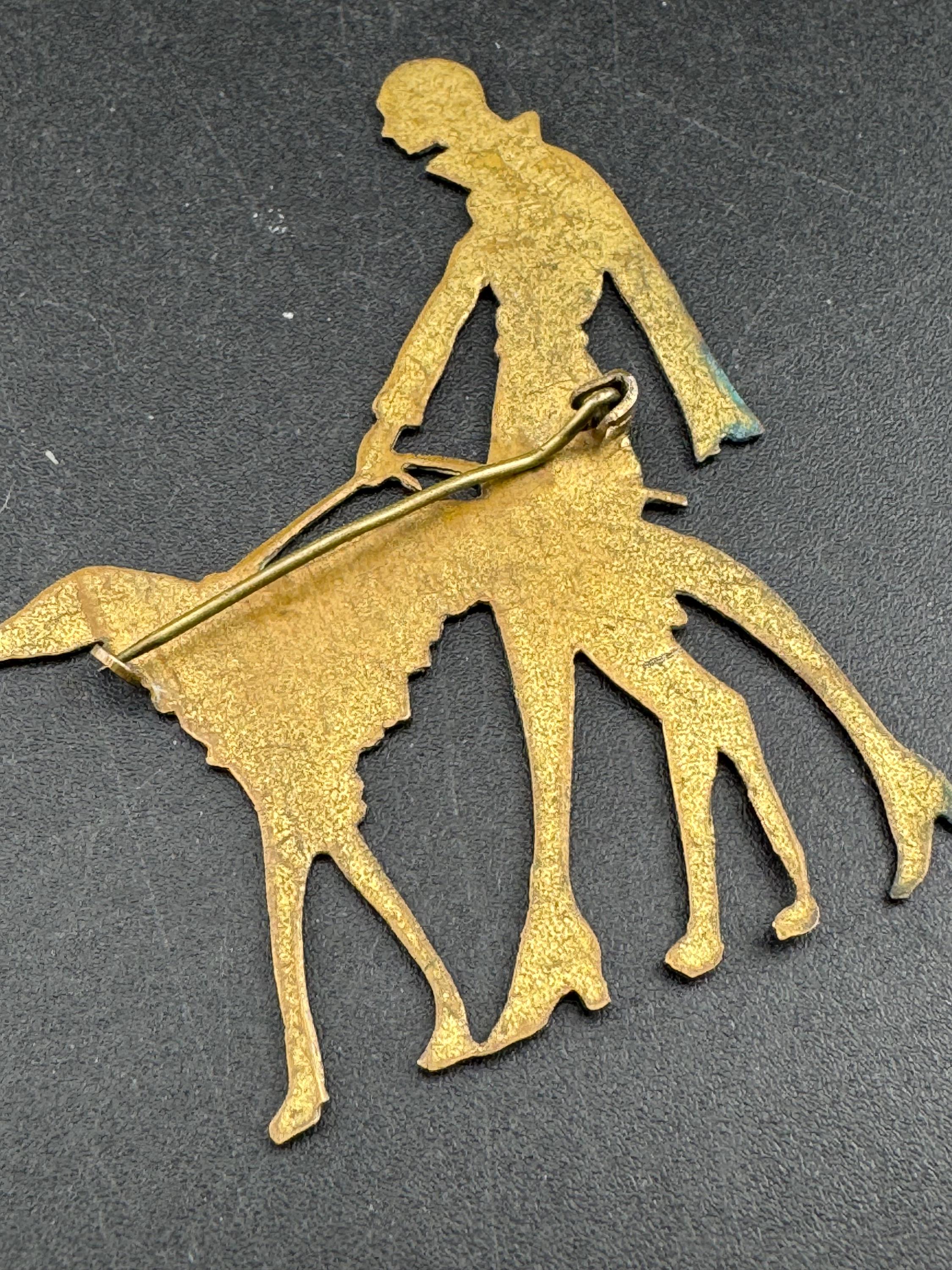 Vintage Vogue Art Deco 1920s Lady Walking borzoi Dog Brooch brass Pin