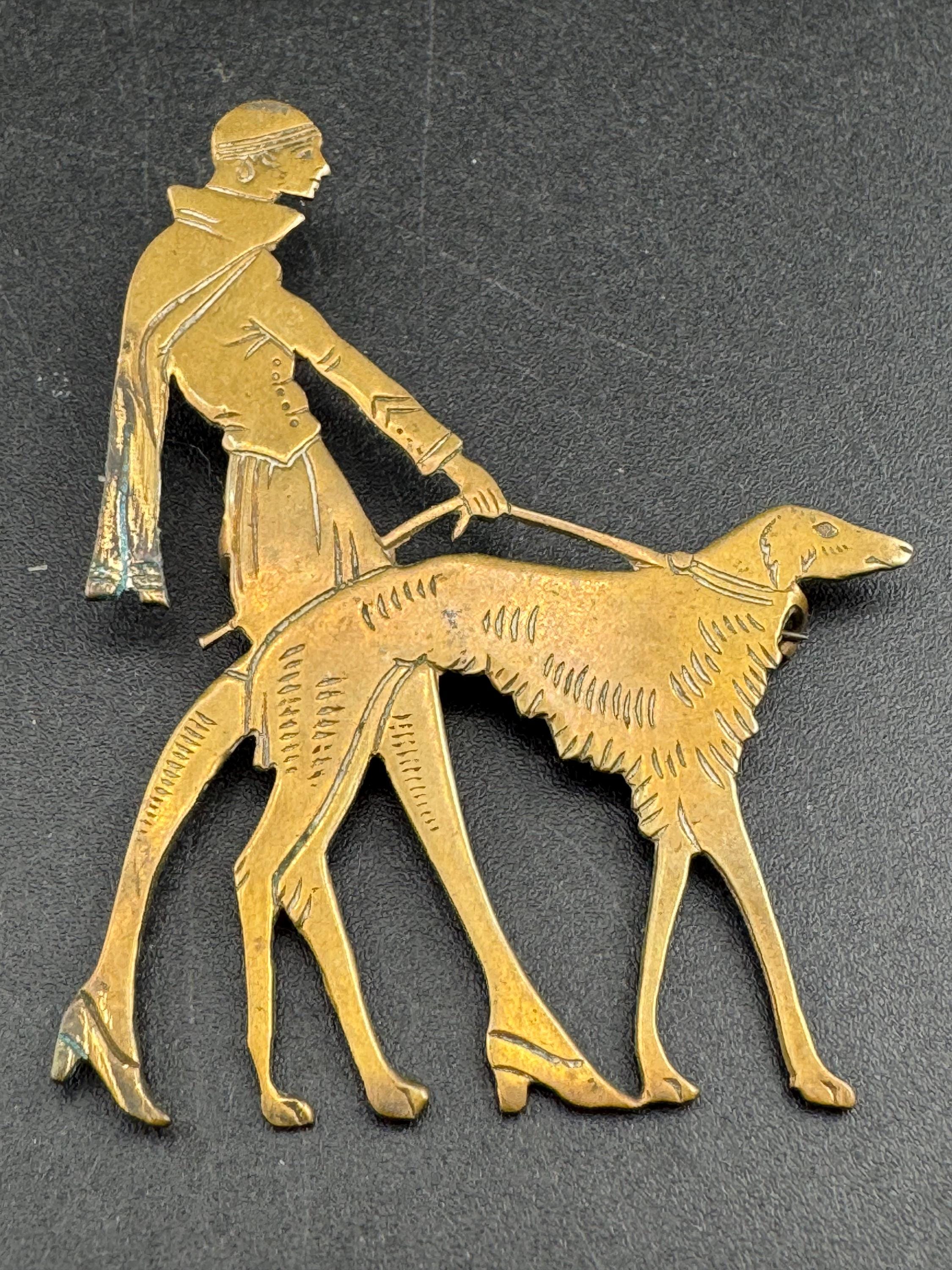 Vintage Vogue Art Deco 1920s Lady Walking borzoi Dog Brooch brass Pin