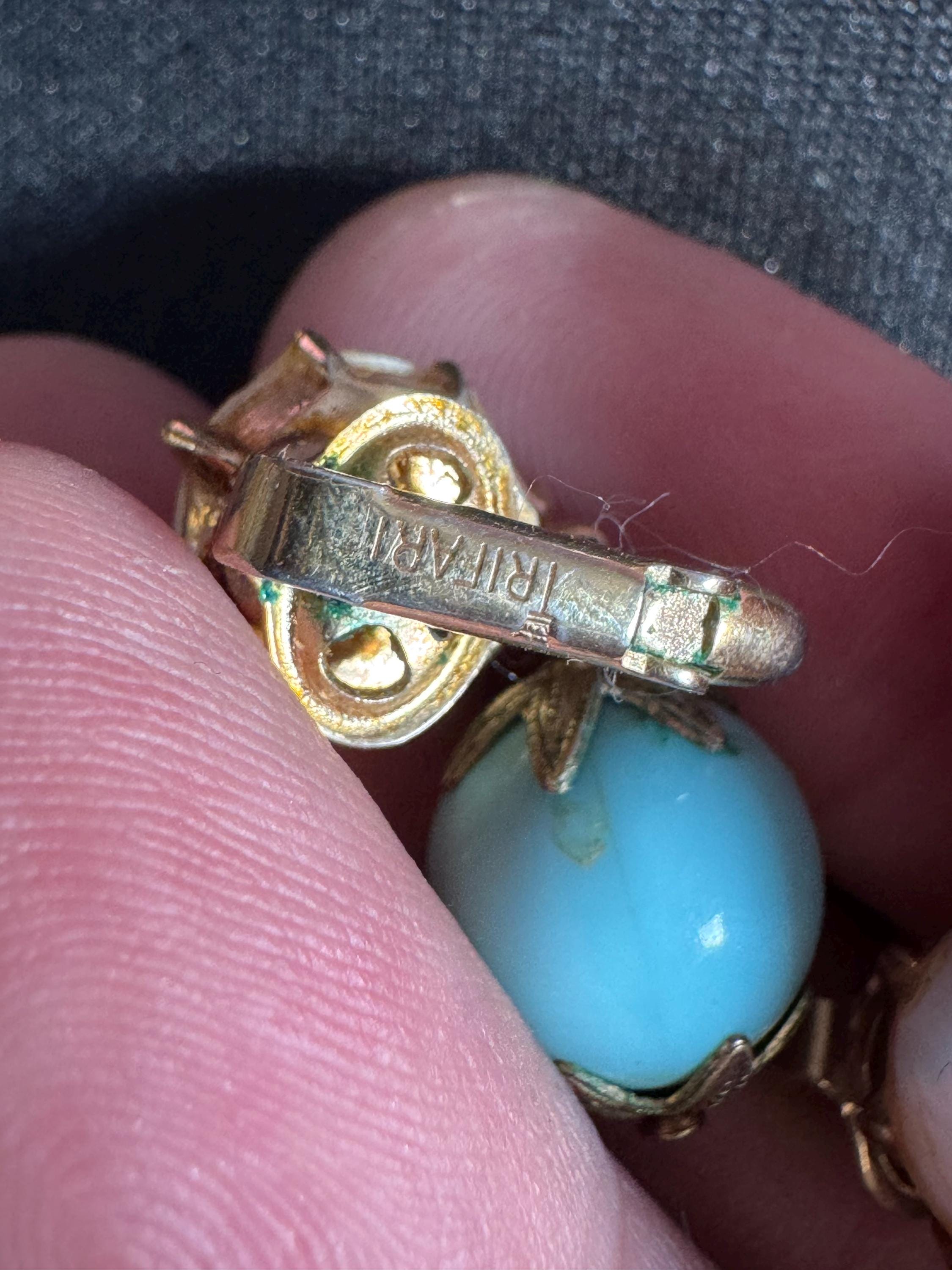 vintage TRIFARI turquoise and pearl necklace and clip on earring jewellery set