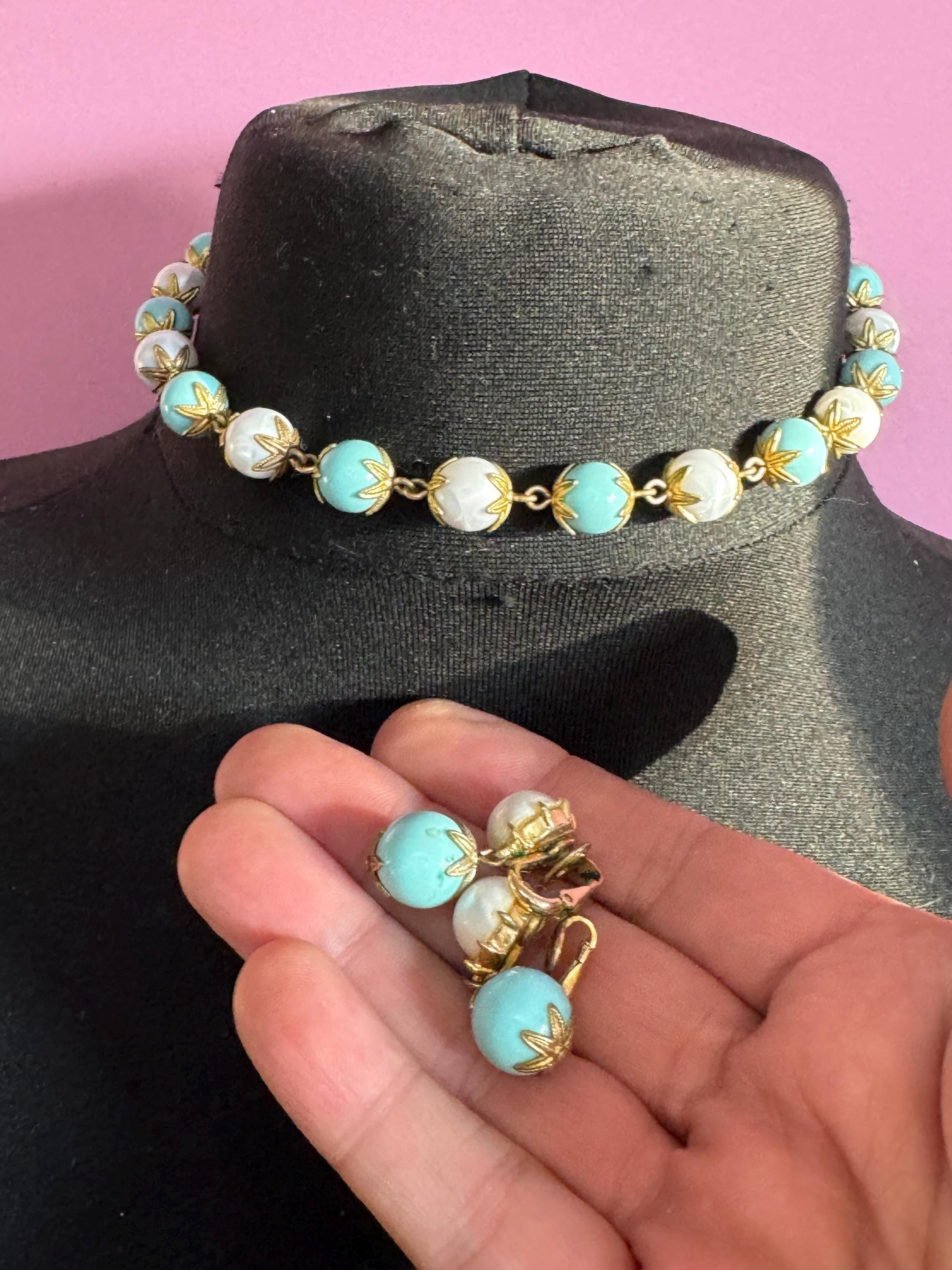 vintage TRIFARI turquoise and pearl necklace and clip on earring jewellery set