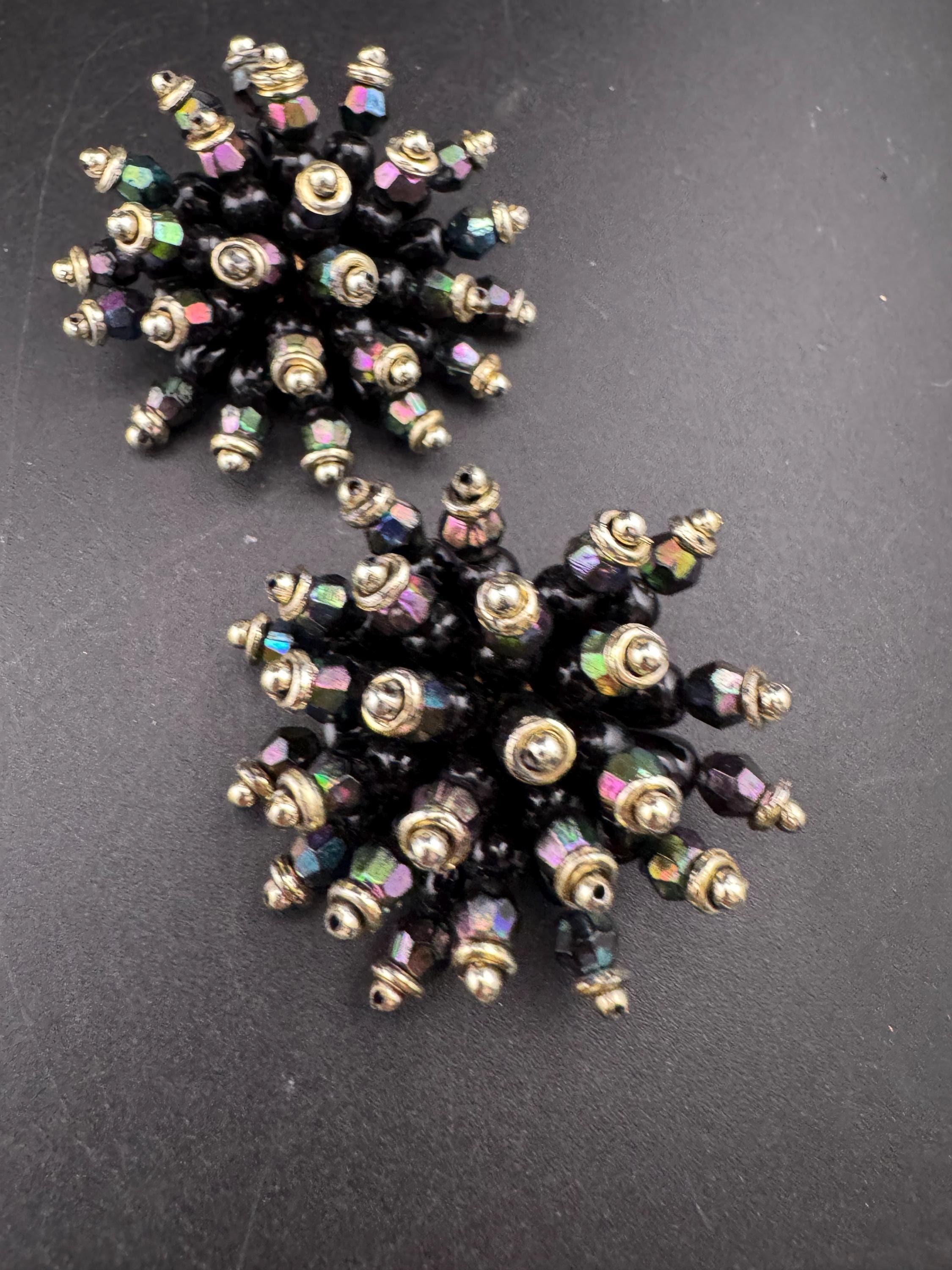 Oversized 5cm black gold plastic cluster beaded Clip On Earrings Vintage
