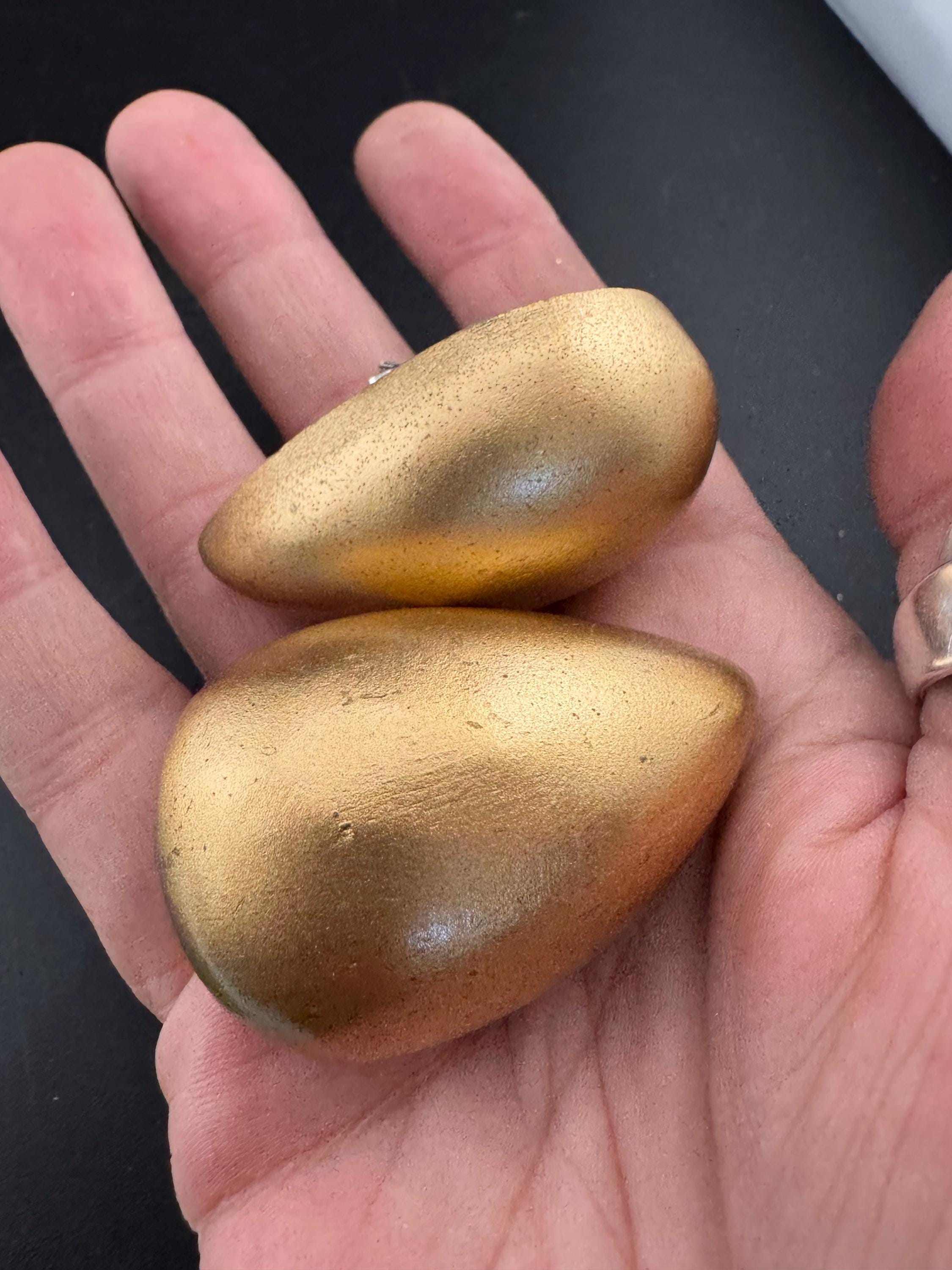 Oversized Vintage natural wooden teardrop gold clip on earrings 5cm