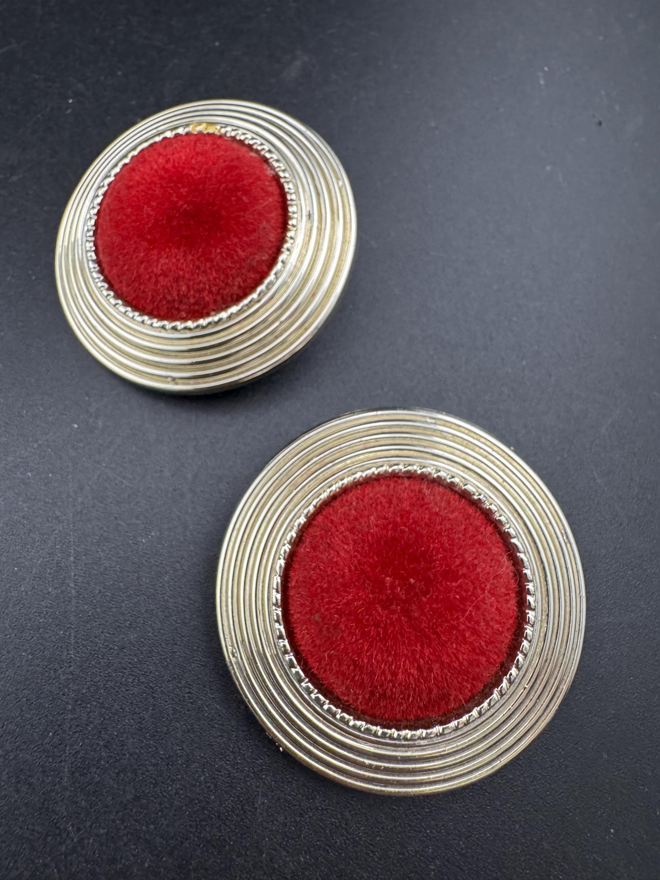 Vintage Maroon Red Velvet Clip On Earrings: gold Tone, 4cm