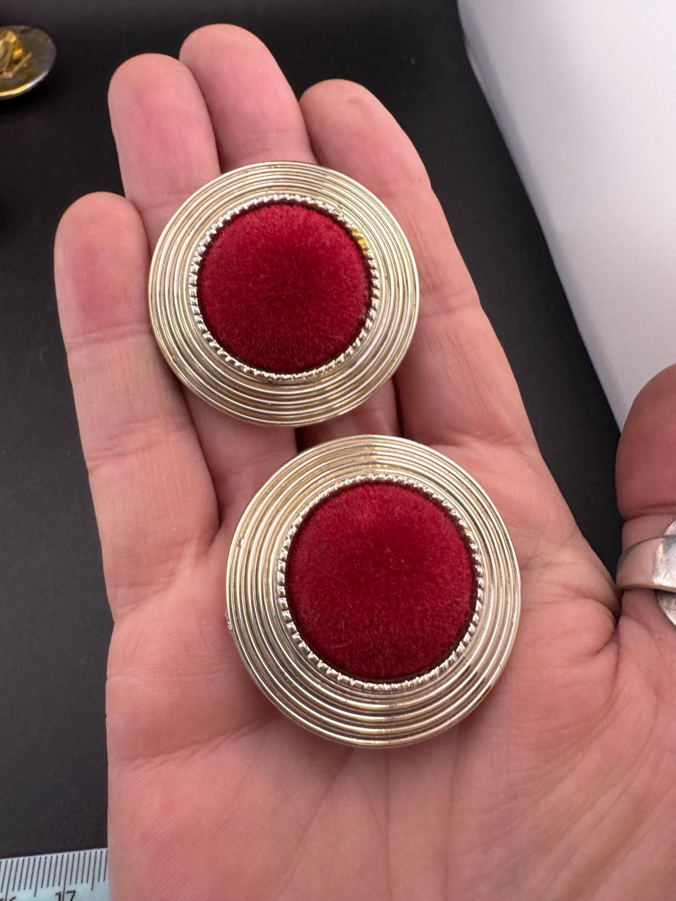 Vintage Maroon Red Velvet Clip On Earrings: gold Tone, 4cm
