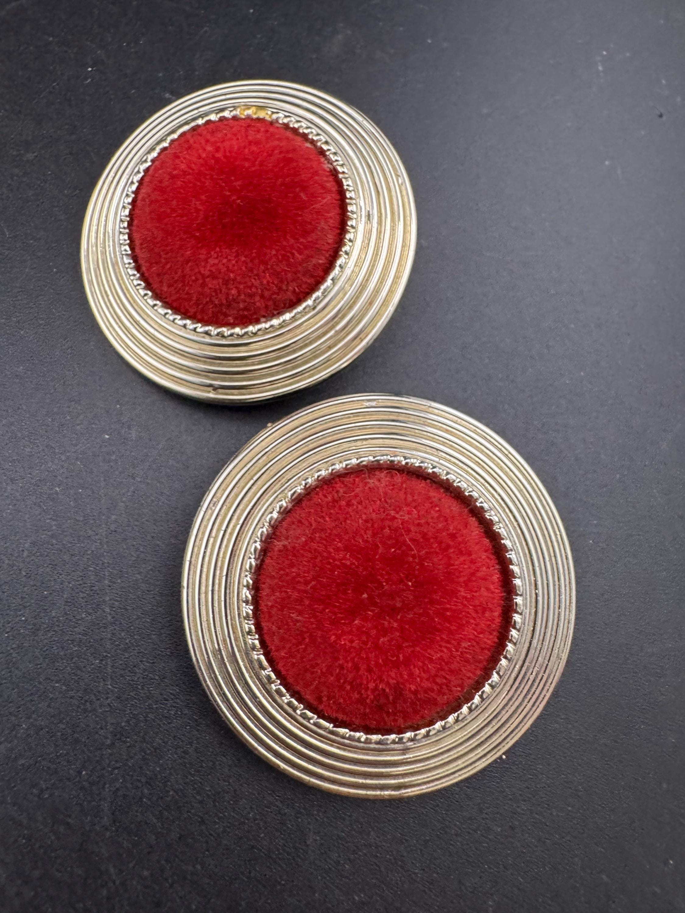 Vintage Maroon Red Velvet Clip On Earrings: gold Tone, 4cm