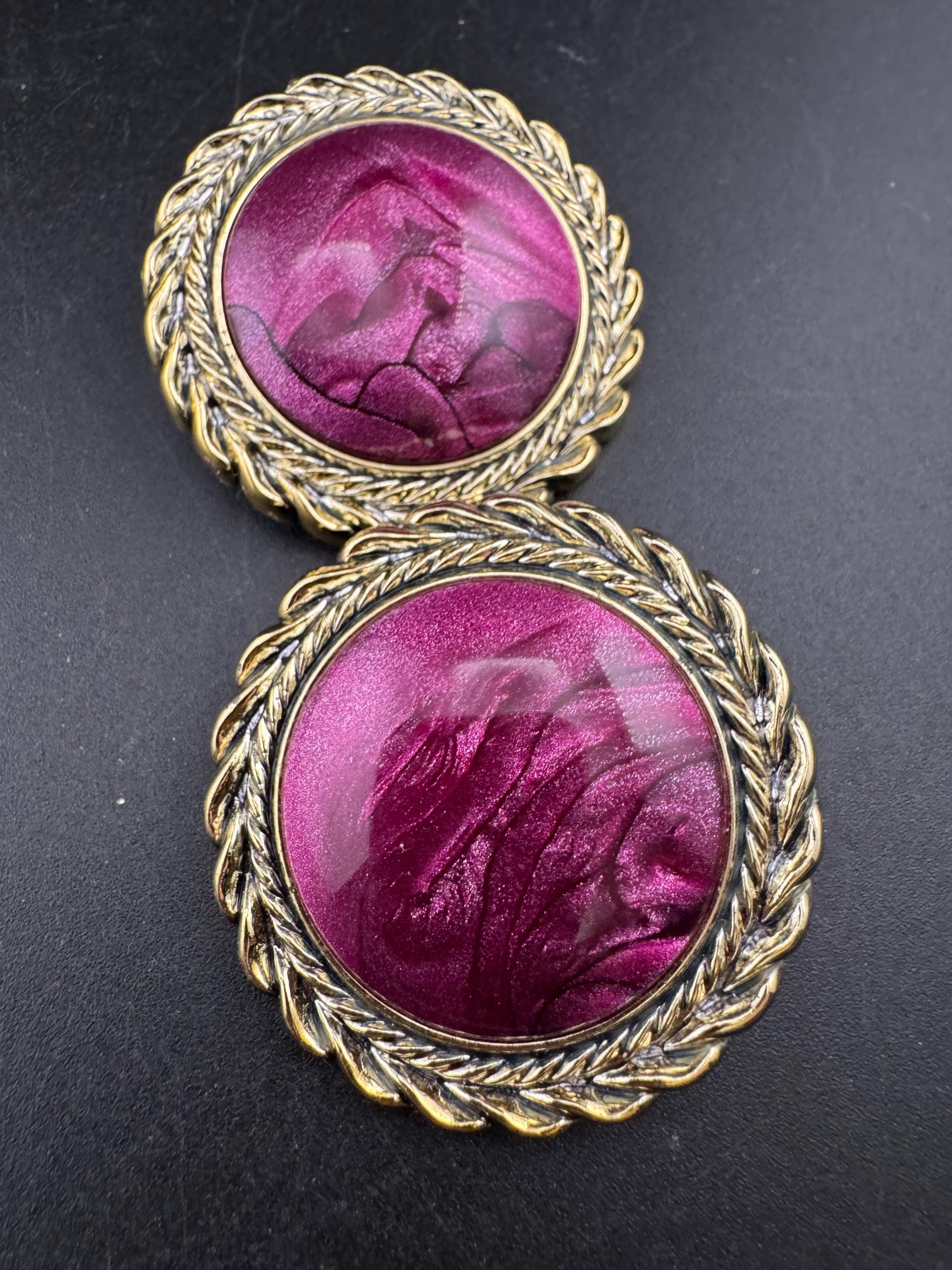 Vintage plastic oversized gold tone ink pink purple clip on earrings 4cm