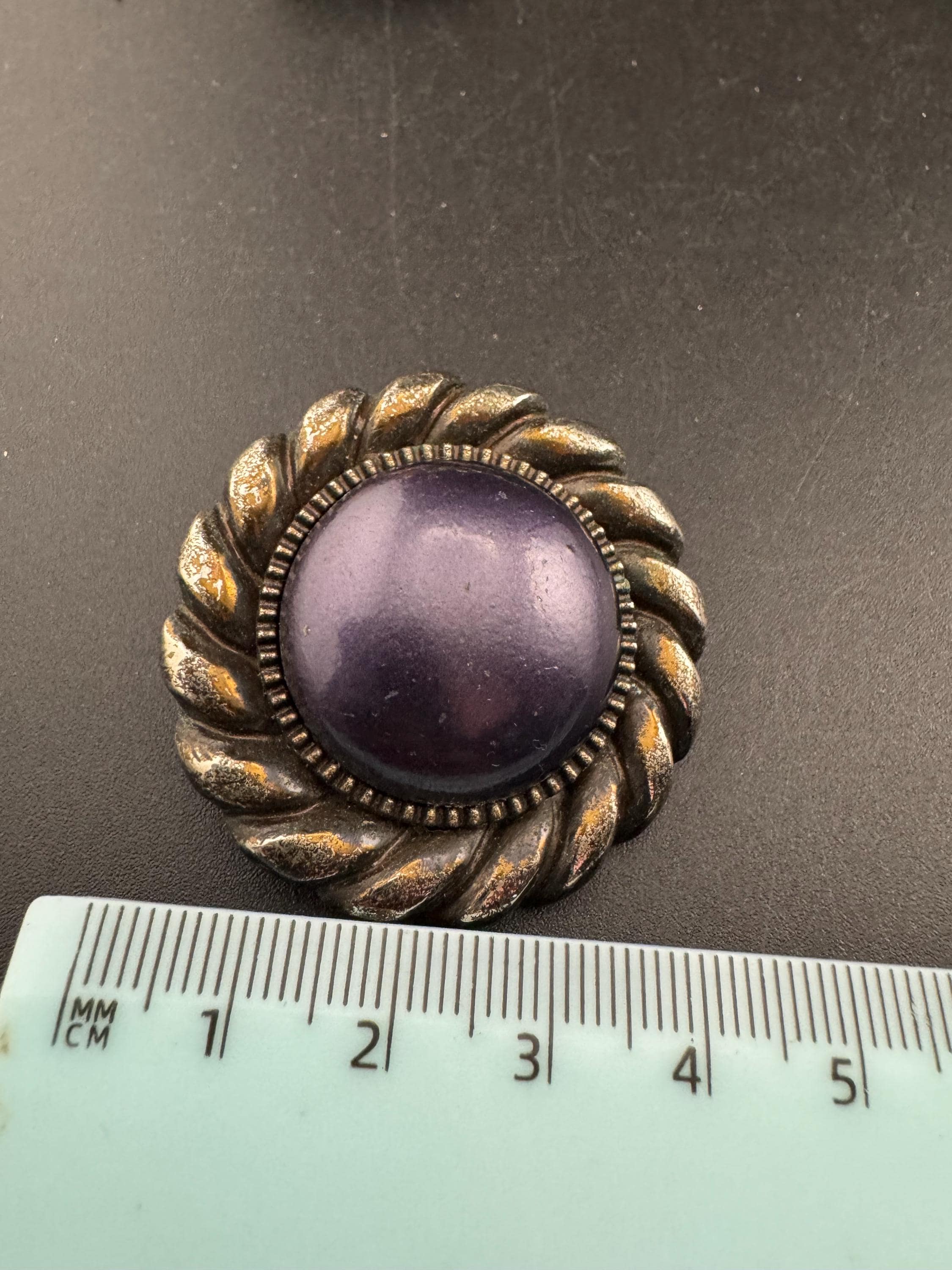 purple plastic pair large disc button stud earrings oversized 1980s antique silver tone