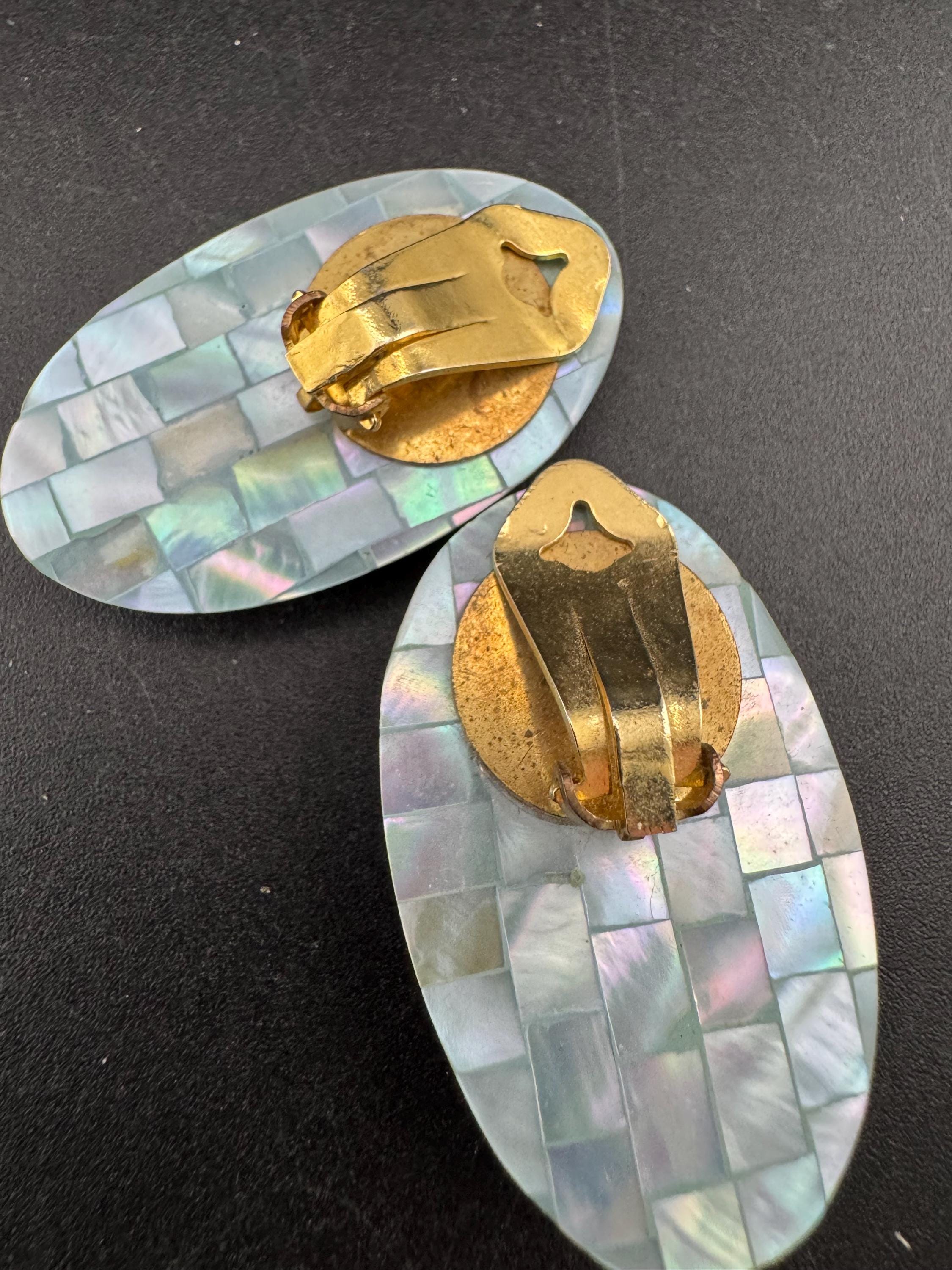 Oversized Vintage blue oval mother of pearl clip on earrings