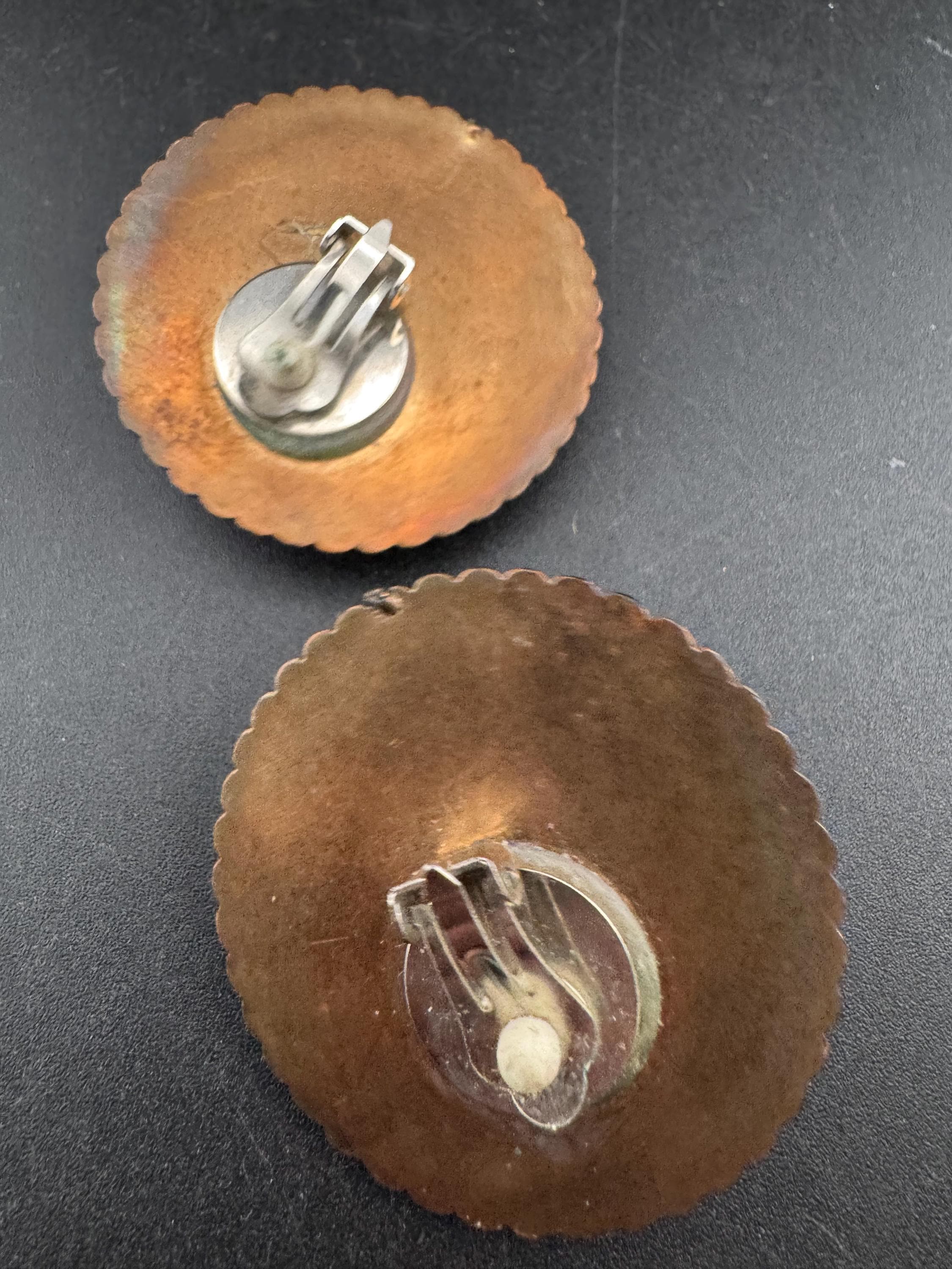 oversized round copper gold tone plastic and metal clip on earrings