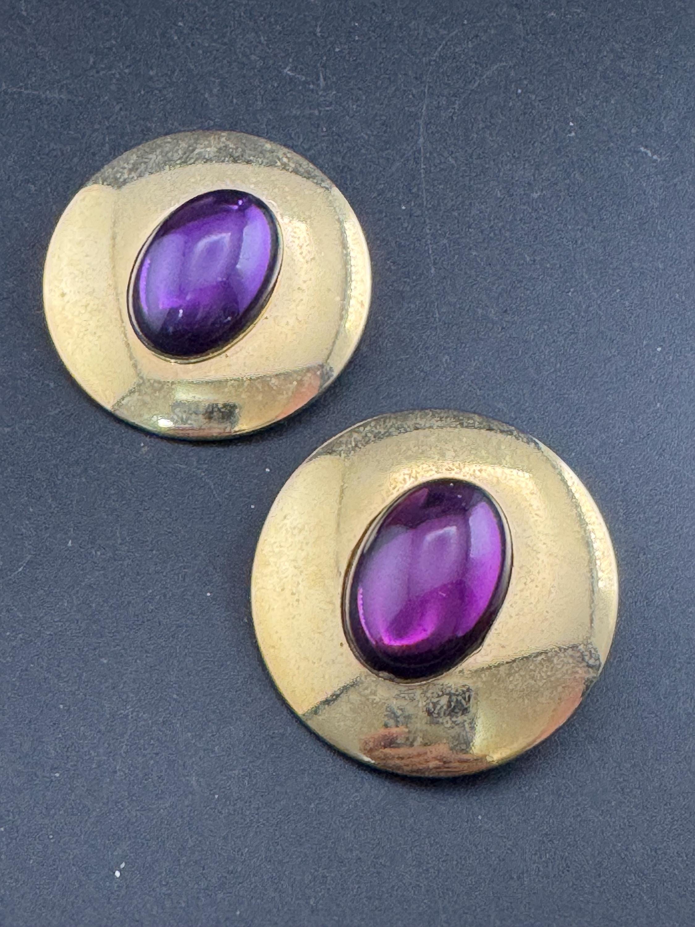 oversized Vintage 1980s gold metal purple cabochon large button stud earrings pierced