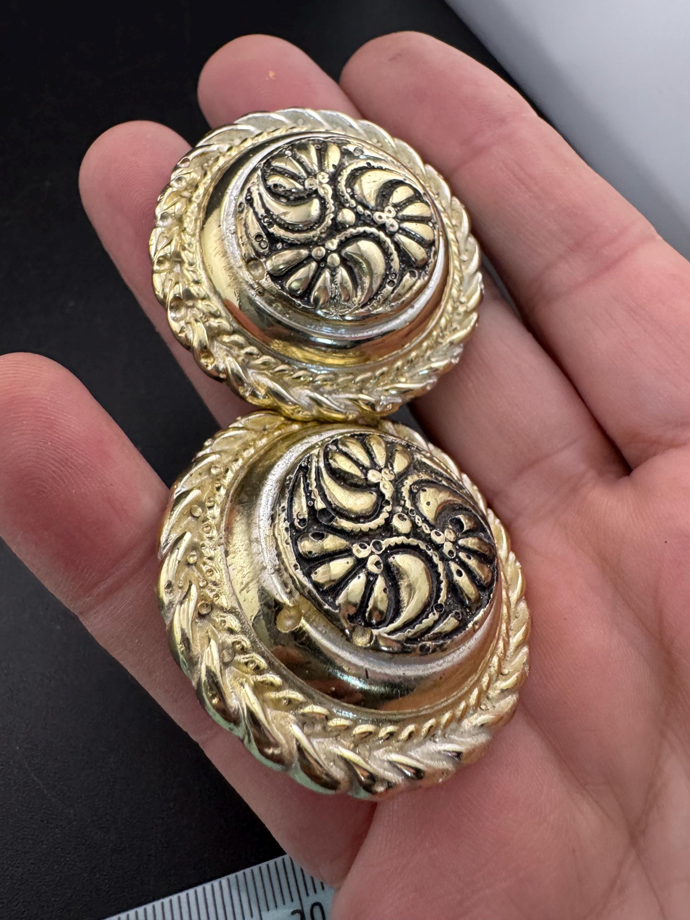 Oversized gold resin ornate domed Clip On Earrings: designer style unsigned studs