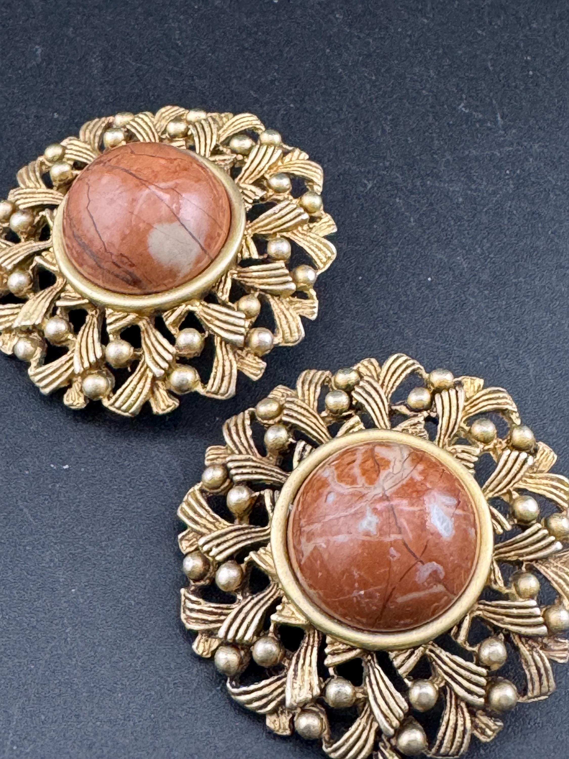 Oversized 4.5cm gold metal brown gemstone set domed Clip On Earrings: studs