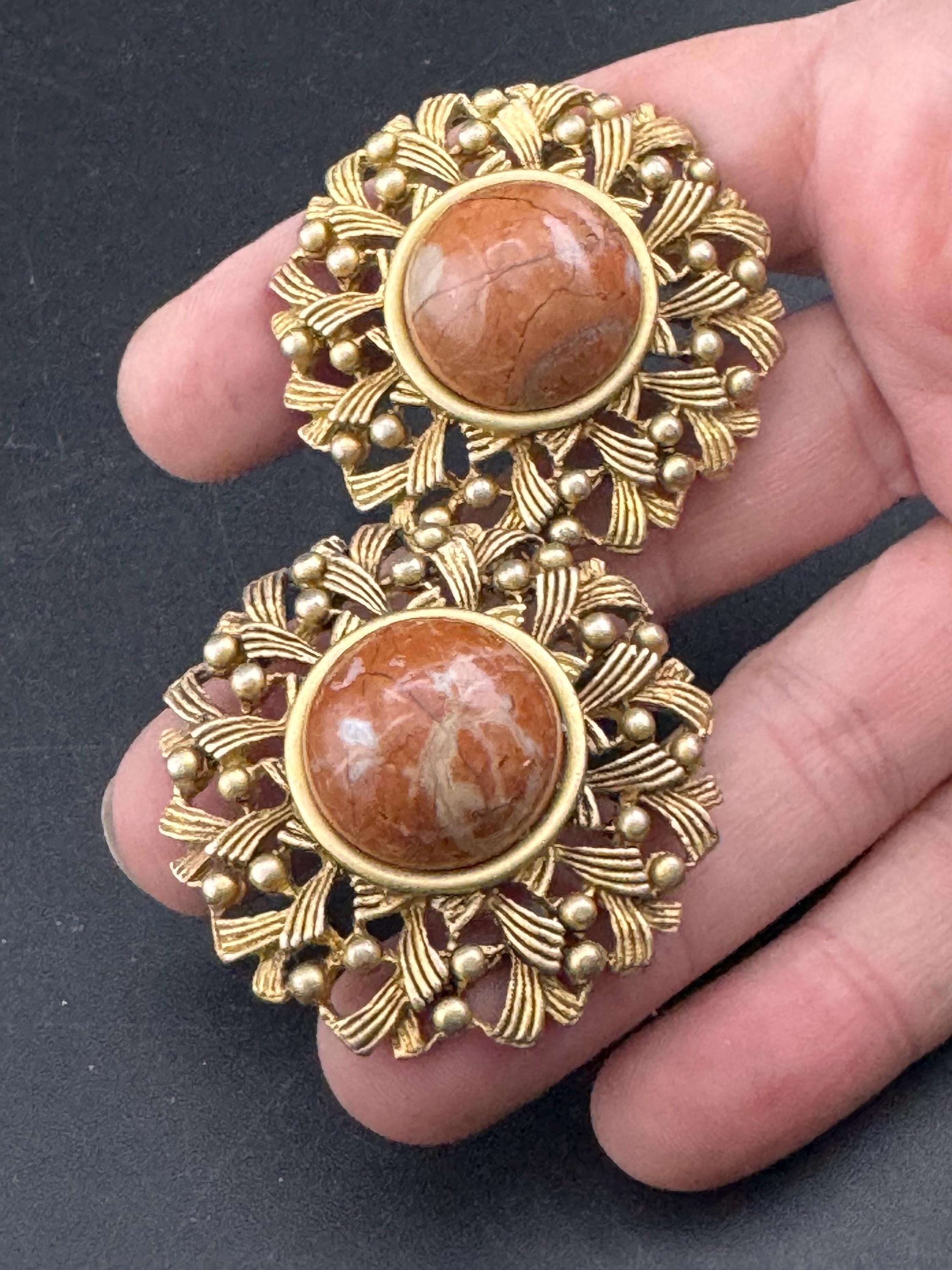 Oversized 4.5cm gold metal brown gemstone set domed Clip On Earrings: studs