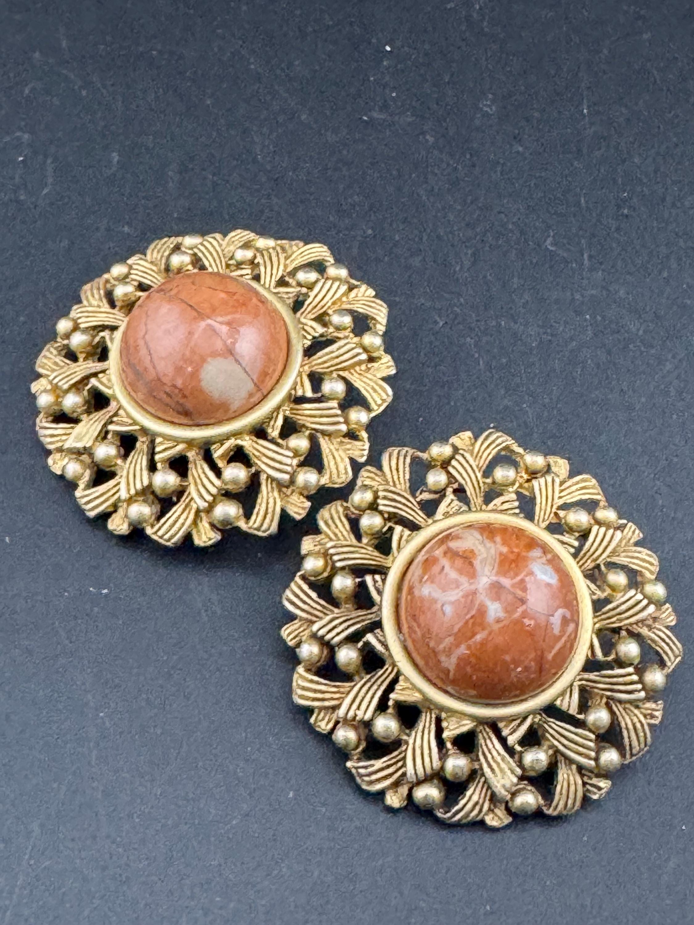 Oversized 4.5cm gold metal brown gemstone set domed Clip On Earrings: studs