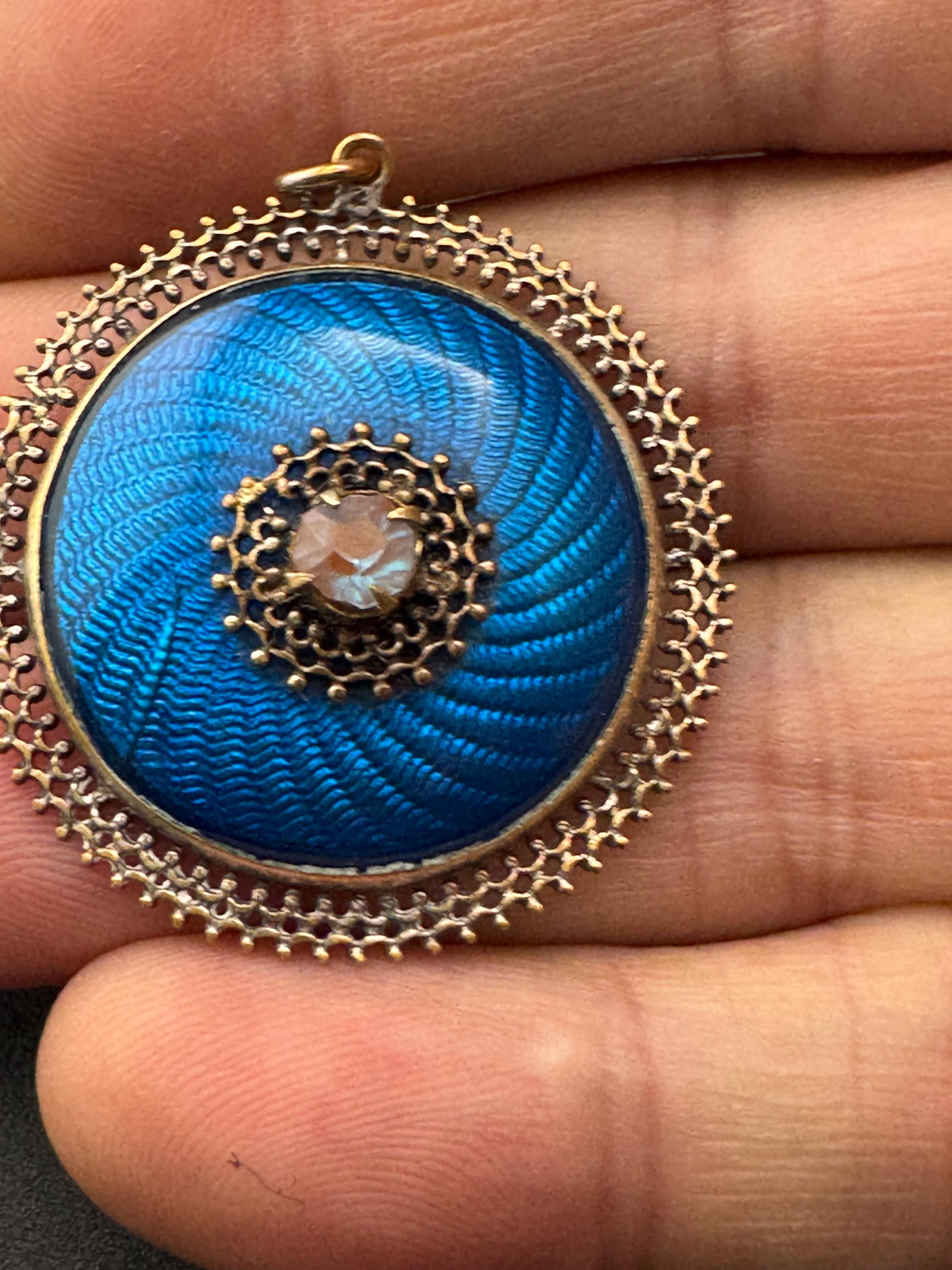 antique Edwardian blue guilloche enamel saphiret glass pendant