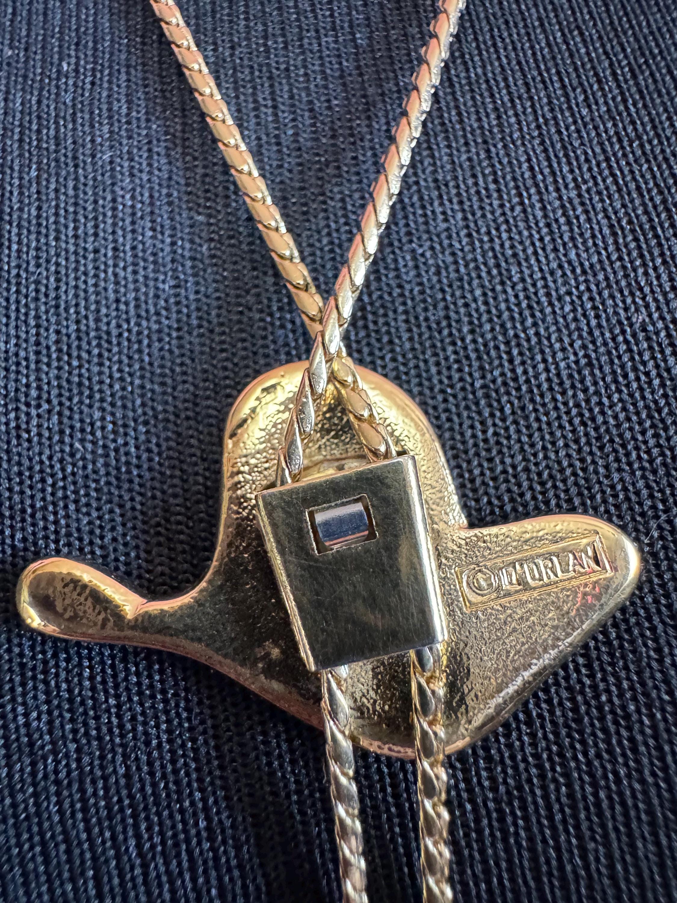 Signed D’orlan gold plated cowboy hat lariat drop bolo necklace