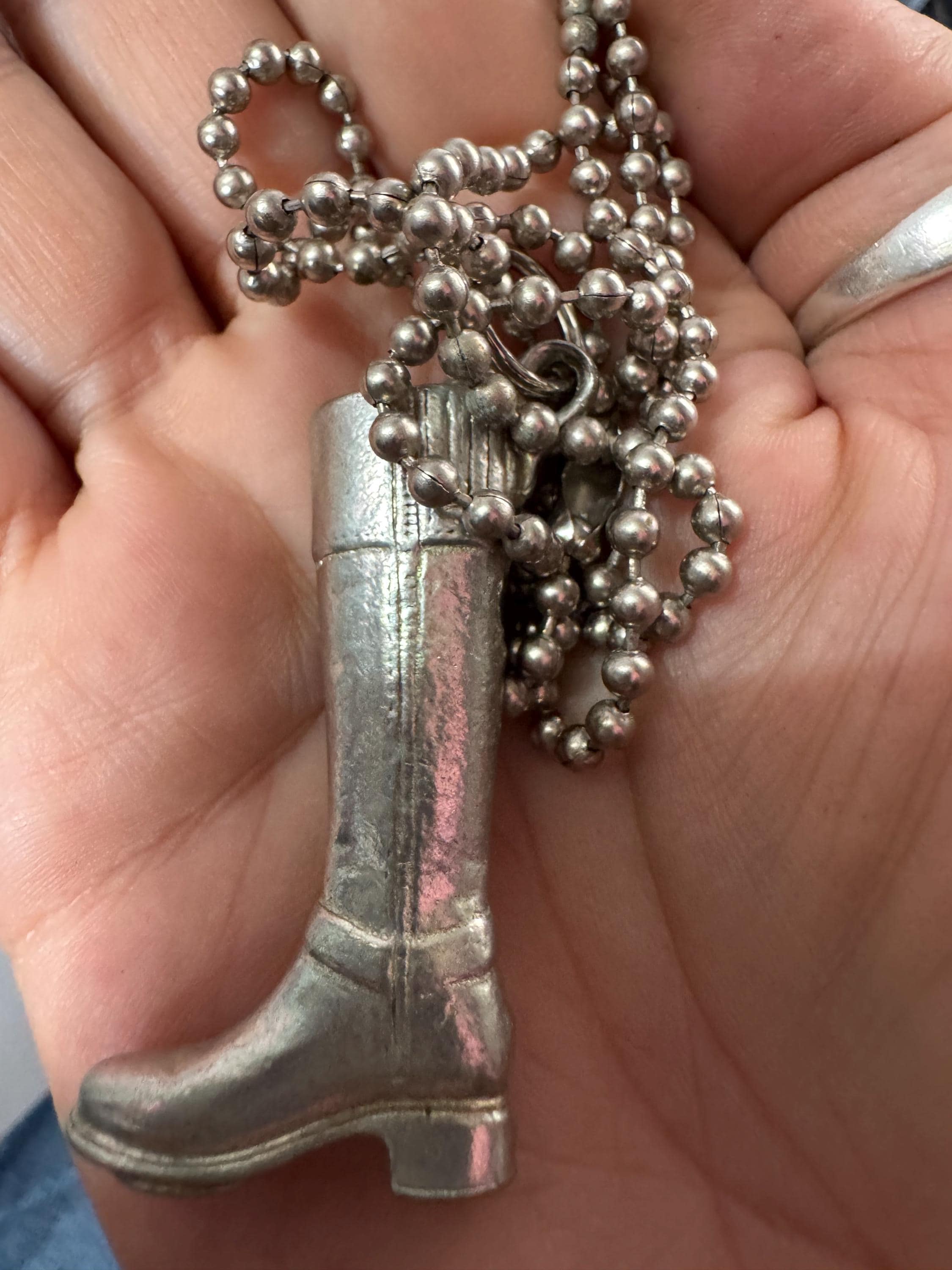 vintage silver riding boot weighty pendant on a 80cm metal ball bead long chain