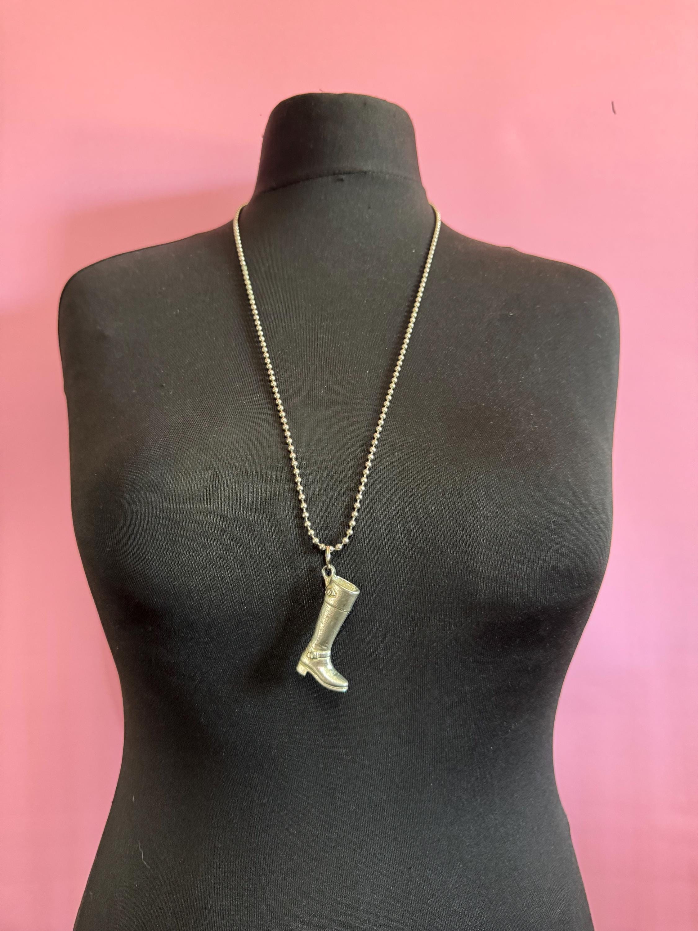 vintage silver riding boot weighty pendant on a 80cm metal ball bead long chain